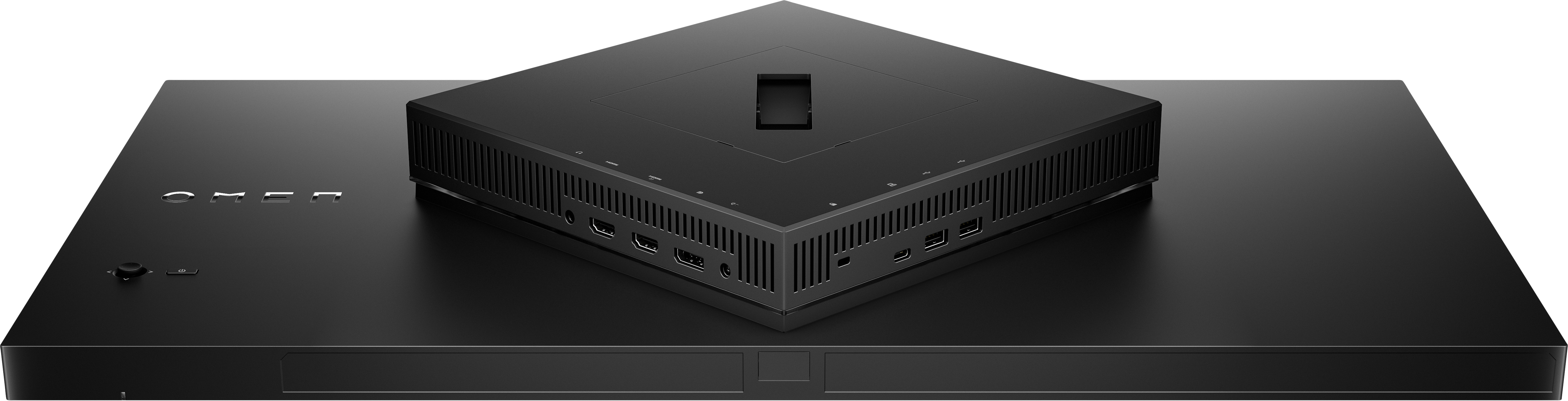 Czarny monitor komputerowy z czarną podstawą. Wiele portów z tyłu i z boku.