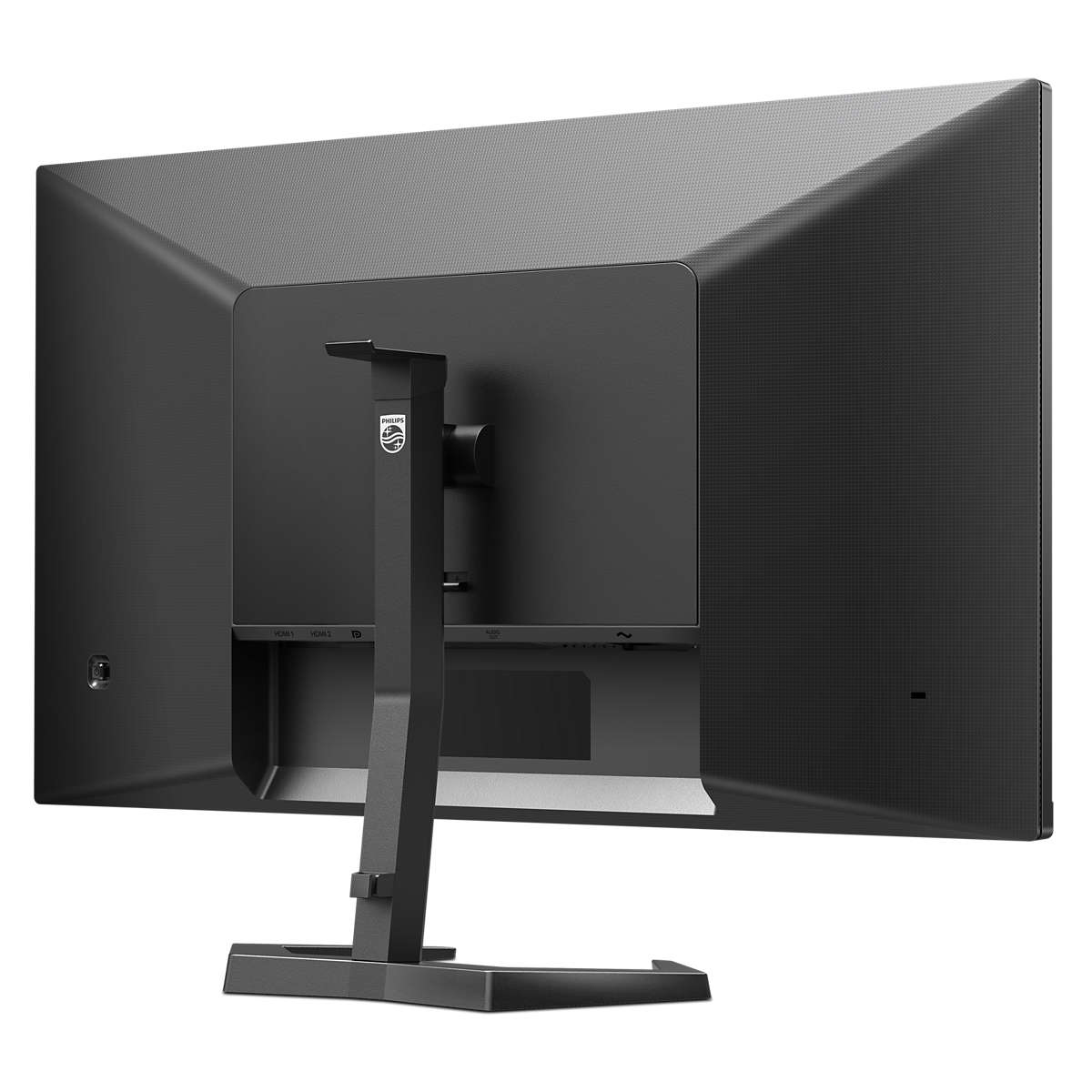 Achterkant van een zwarte Philips monitor. Poorten zijn zichtbaar, met standaard en logo.