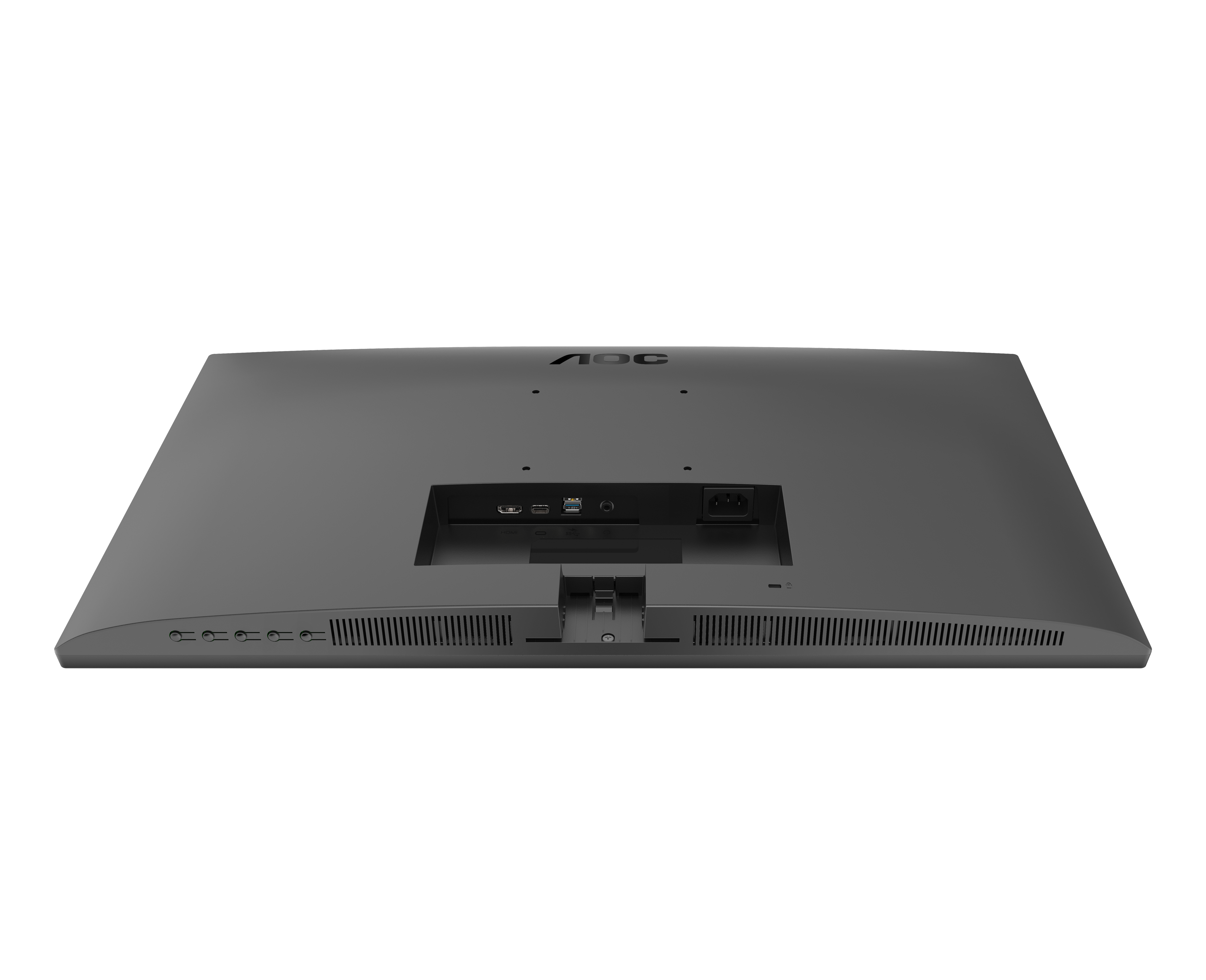 De achterkant van een grijze AOC computermonitor met diverse poorten en aansluitingen.