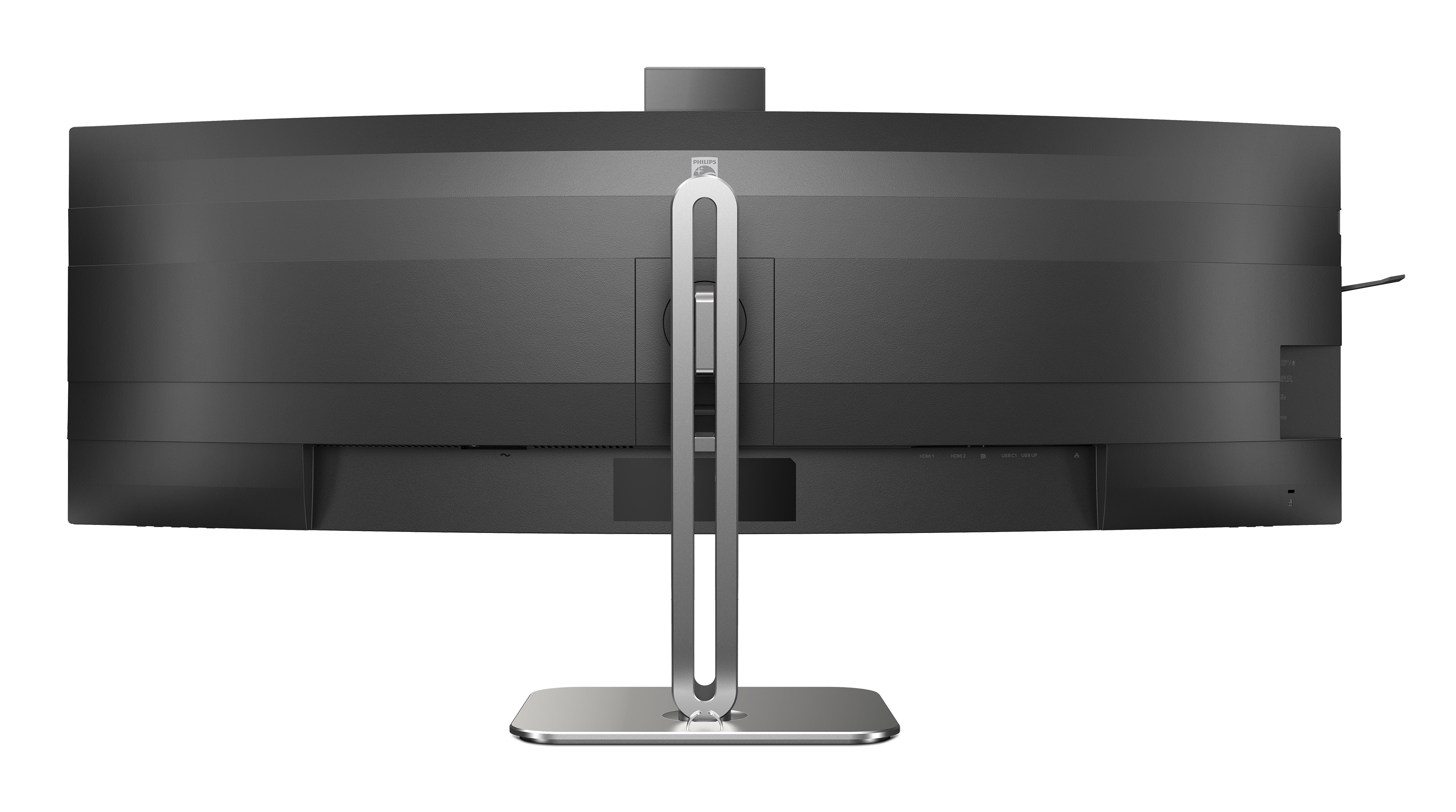 Widok z tyłu dużego, zakrzywionego monitora komputerowego ze srebrną podstawą i czarnym panelem tylnym.