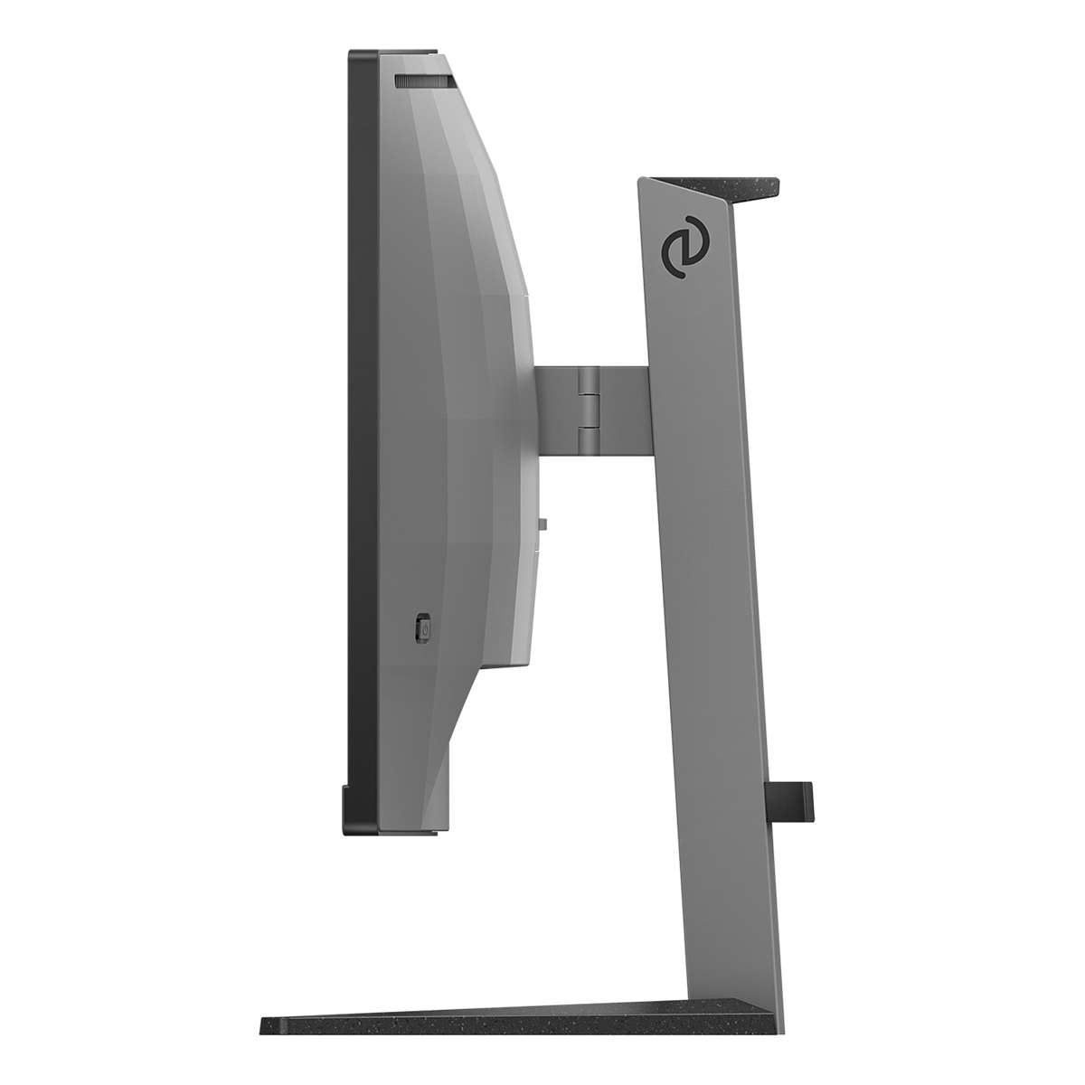 Widok z boku szarego monitora komputera. Monitor ma cienką ramkę i srebrną podstawę.