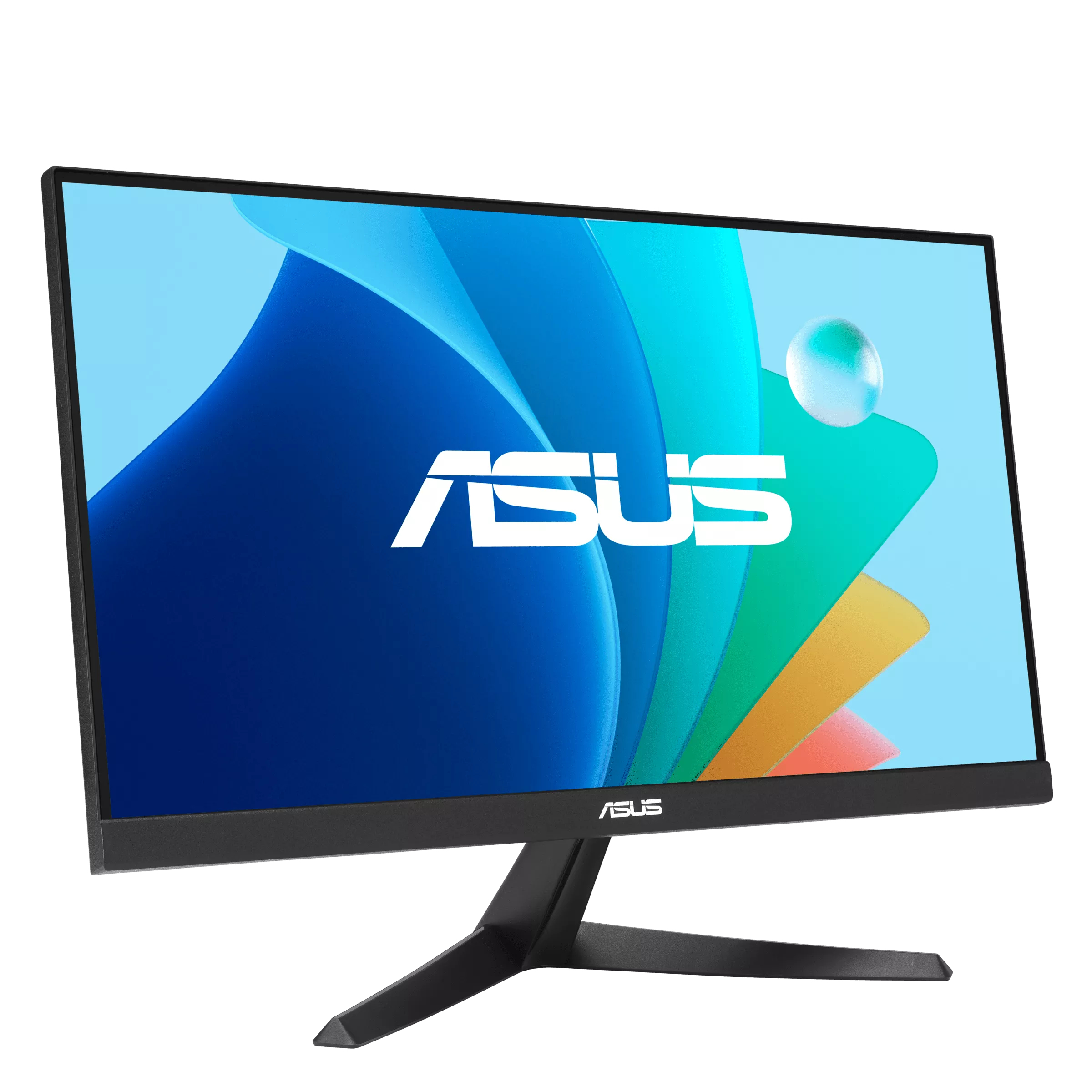 Czarny monitor ASUS z niebiesko-zielonym tłem. Logo ASUS na dole. Białe tło.