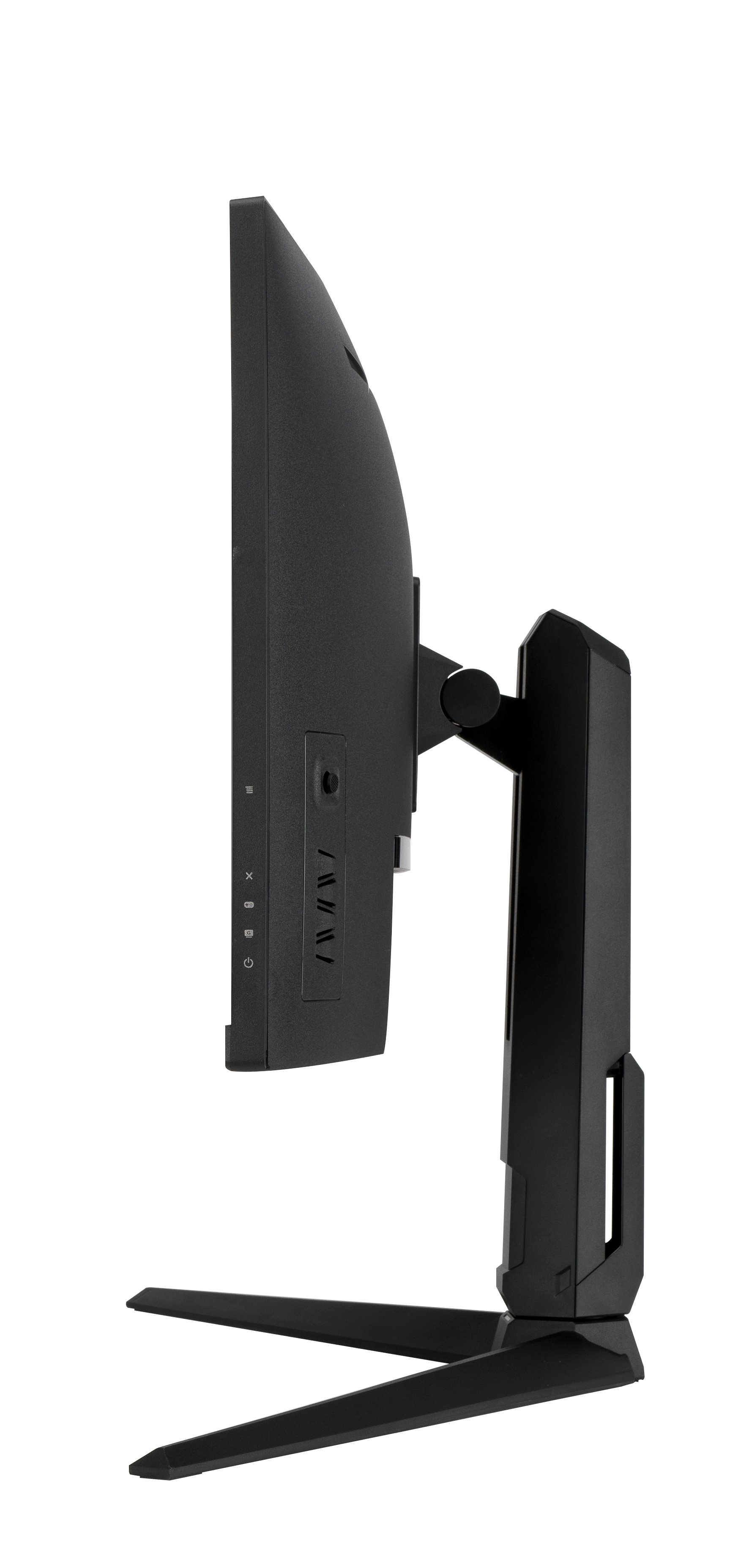 Widok z boku czarnego monitora komputera z portami i podstawką.
