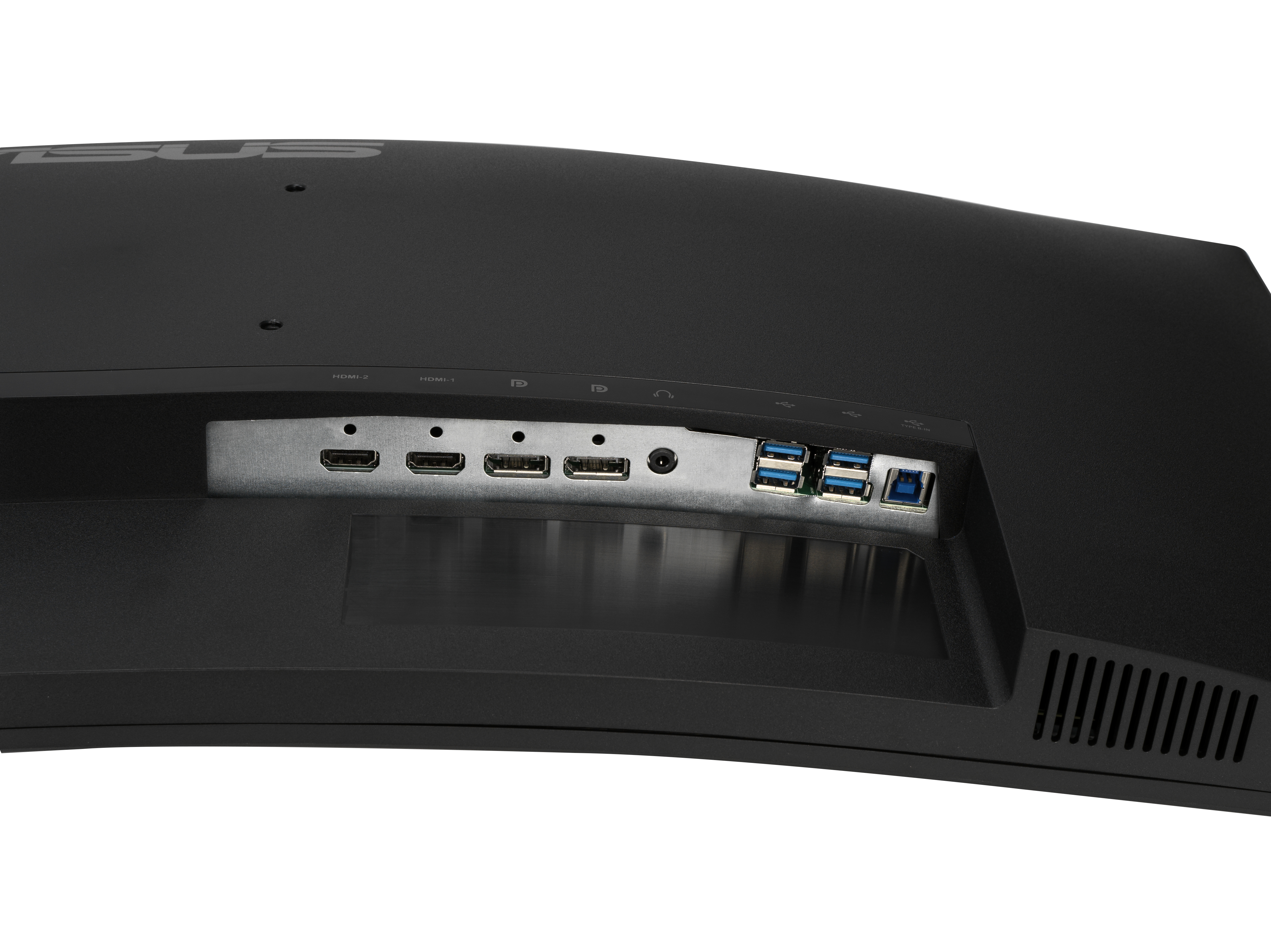 Widok z tyłu czarnego monitora, z widocznymi portami.