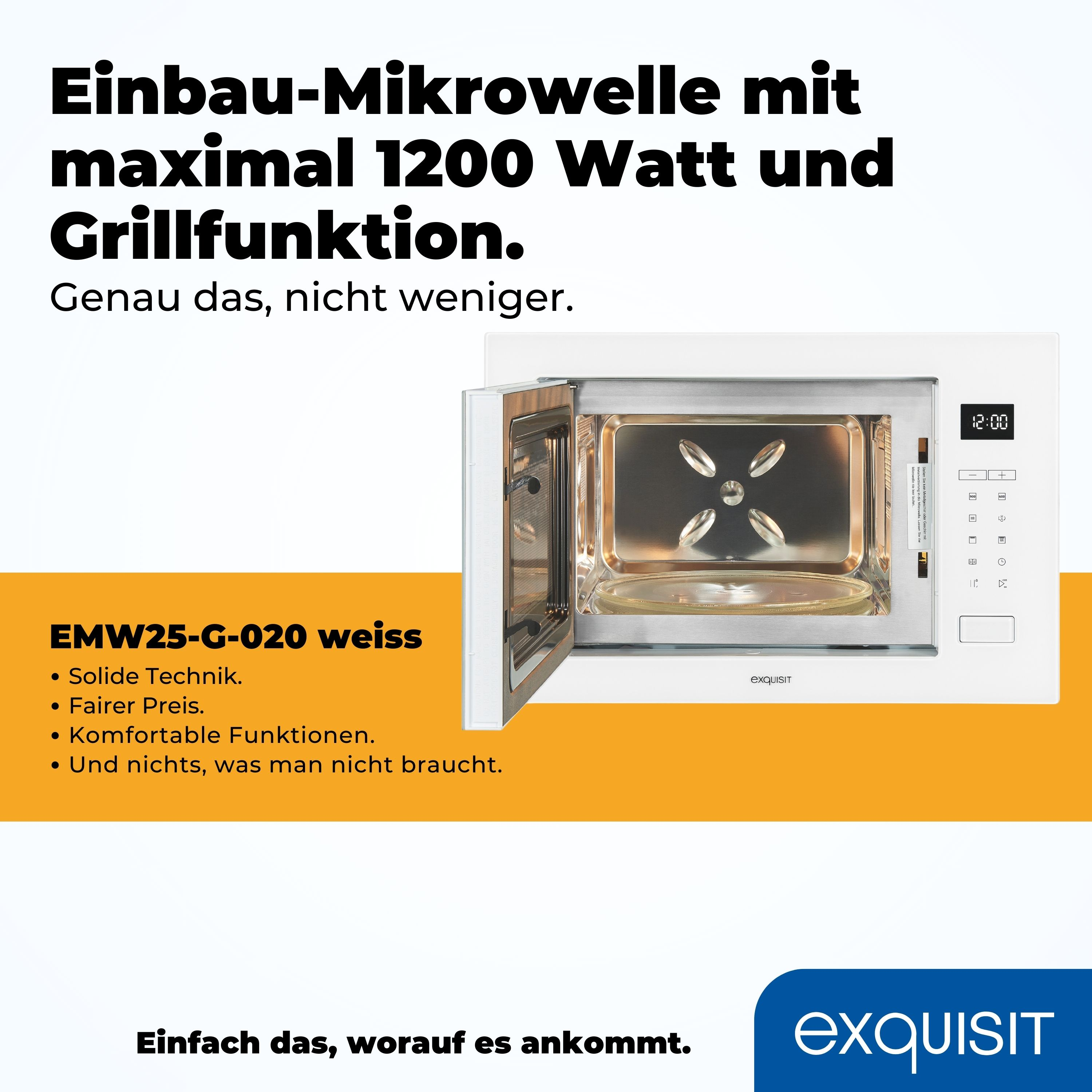 Weiße Mikrowelle mit offener Tür. Text beschreibt sie als 1200W mit Grillfunktion. Details sind links.