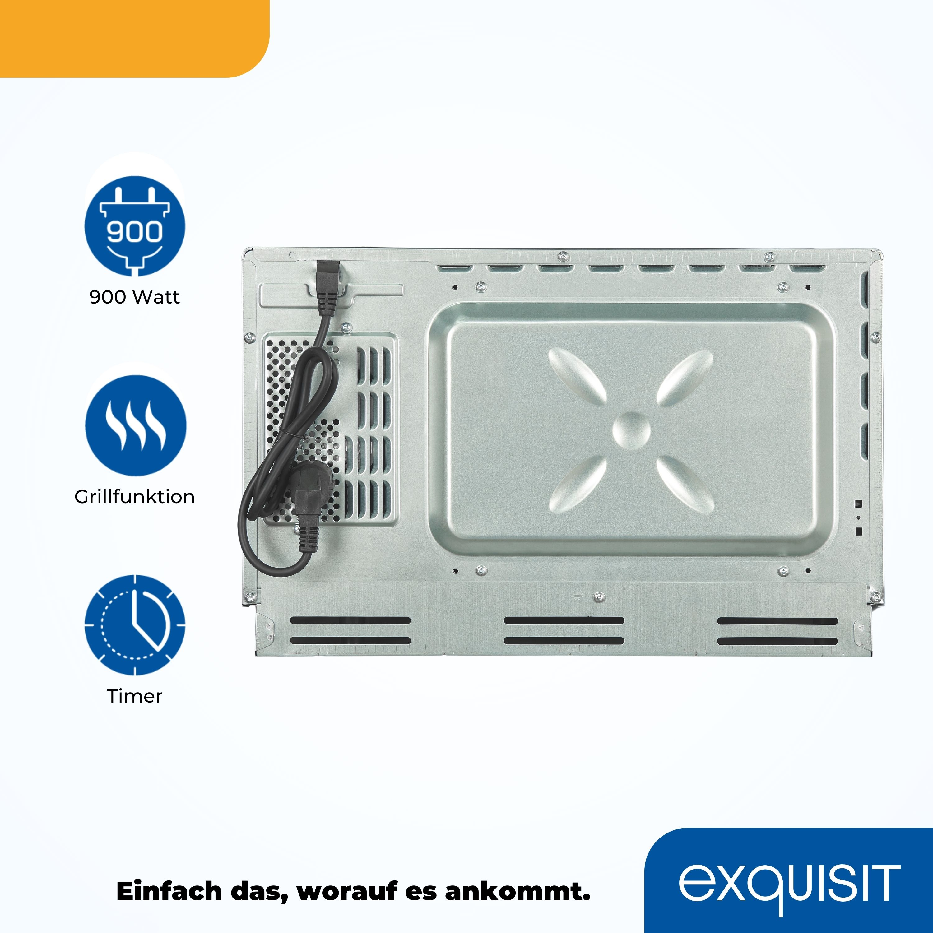 Rückseite einer Exquisit Mikrowelle mit Symbolen und Text, sowie blau-weißer Hintergrund.
