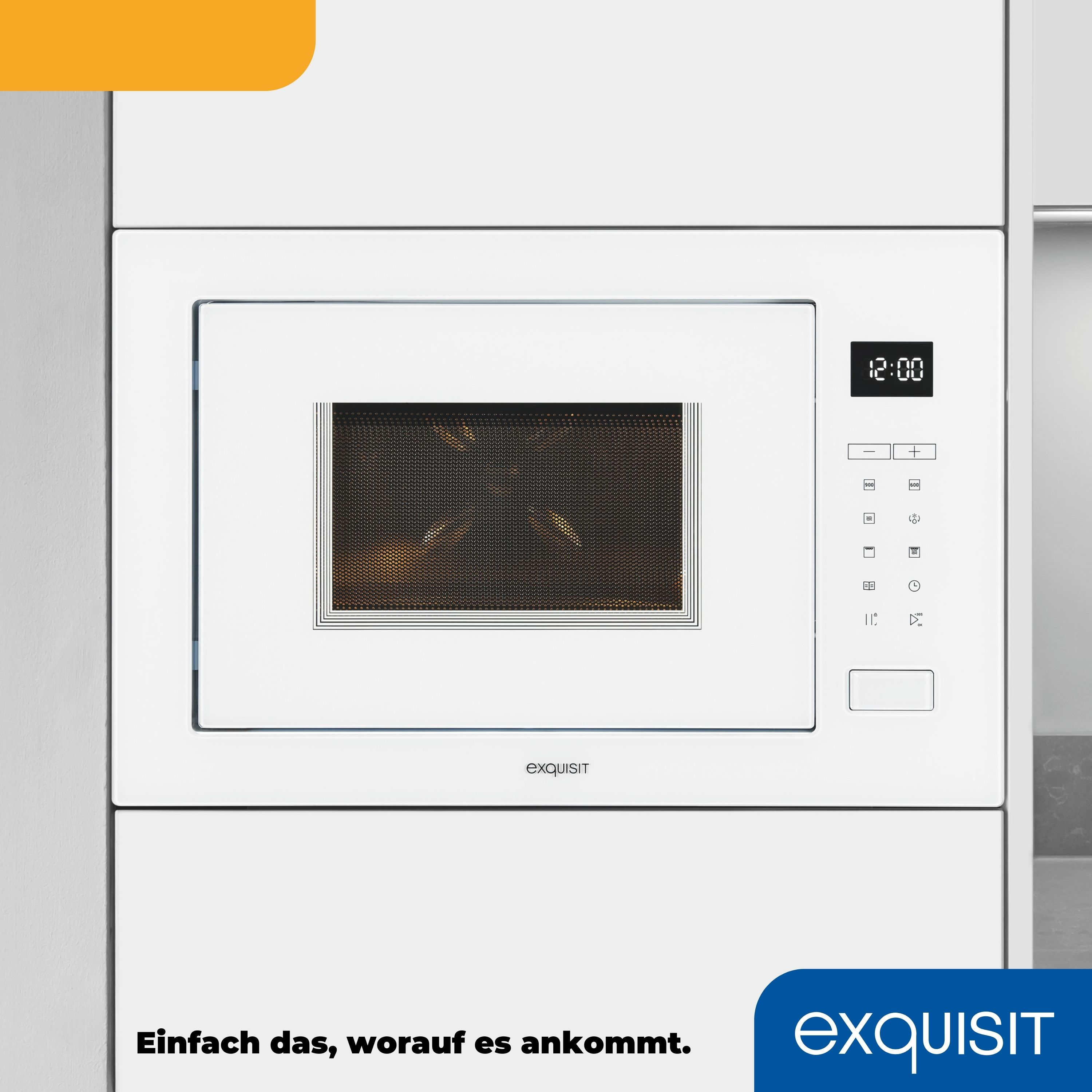 Eine weiße Einbau-Mikrowelle mit Digitalanzeige und Touch-Bedienelementen.