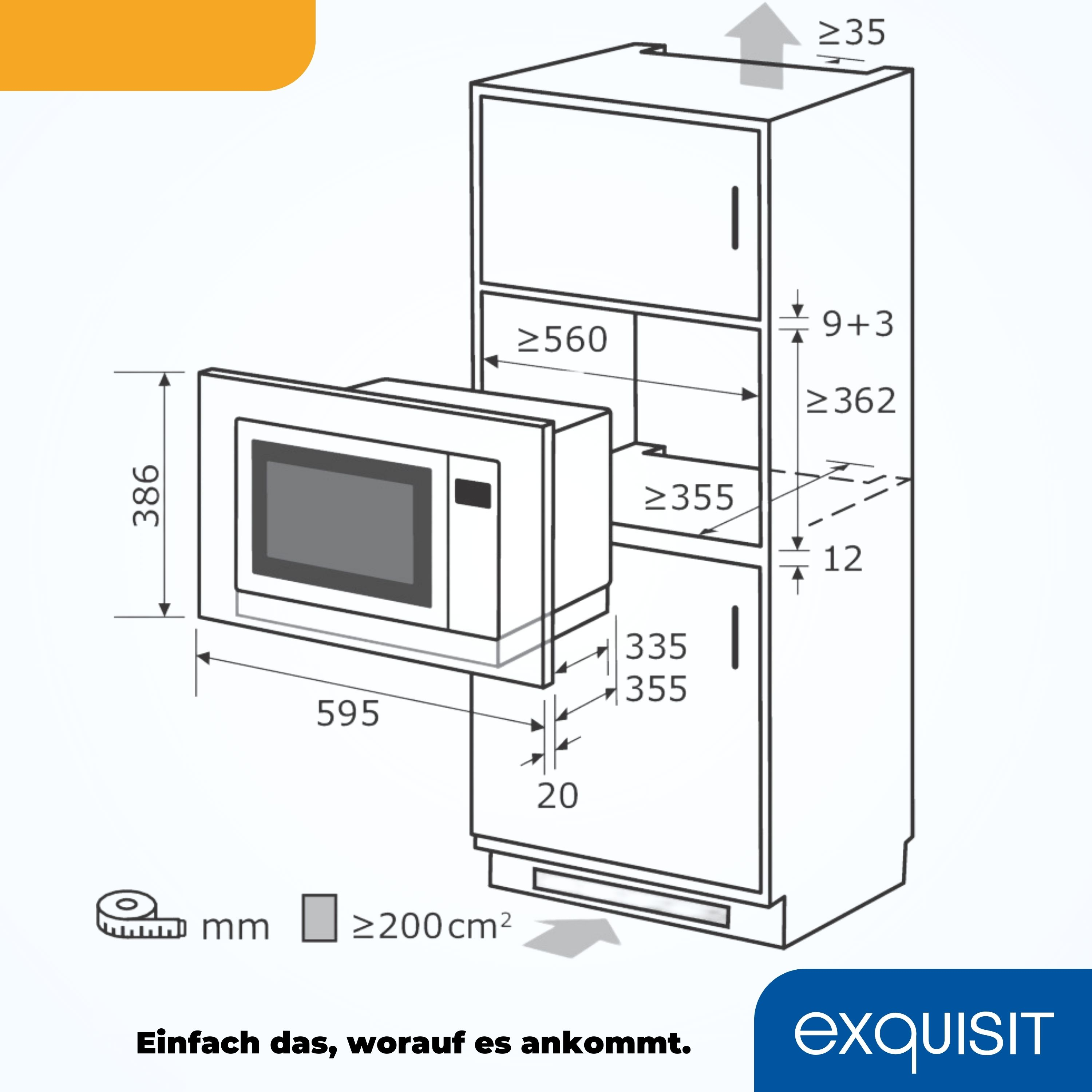 Diagramm eines Einbau-Mikrowellenofens mit Abmessungen und Maßen.