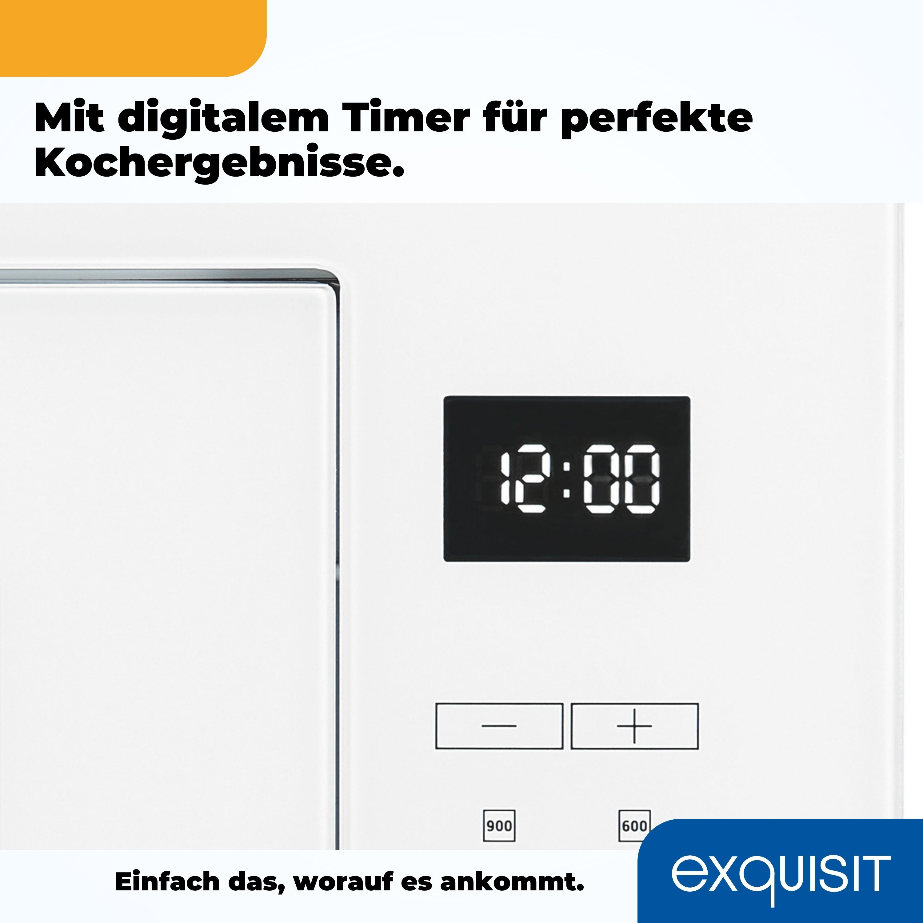 Mikrowelle Nahaufnahme: Weiße Mikrowelle mit digitalem Timer auf 12:00 Uhr. Hat Steuertasten unten.