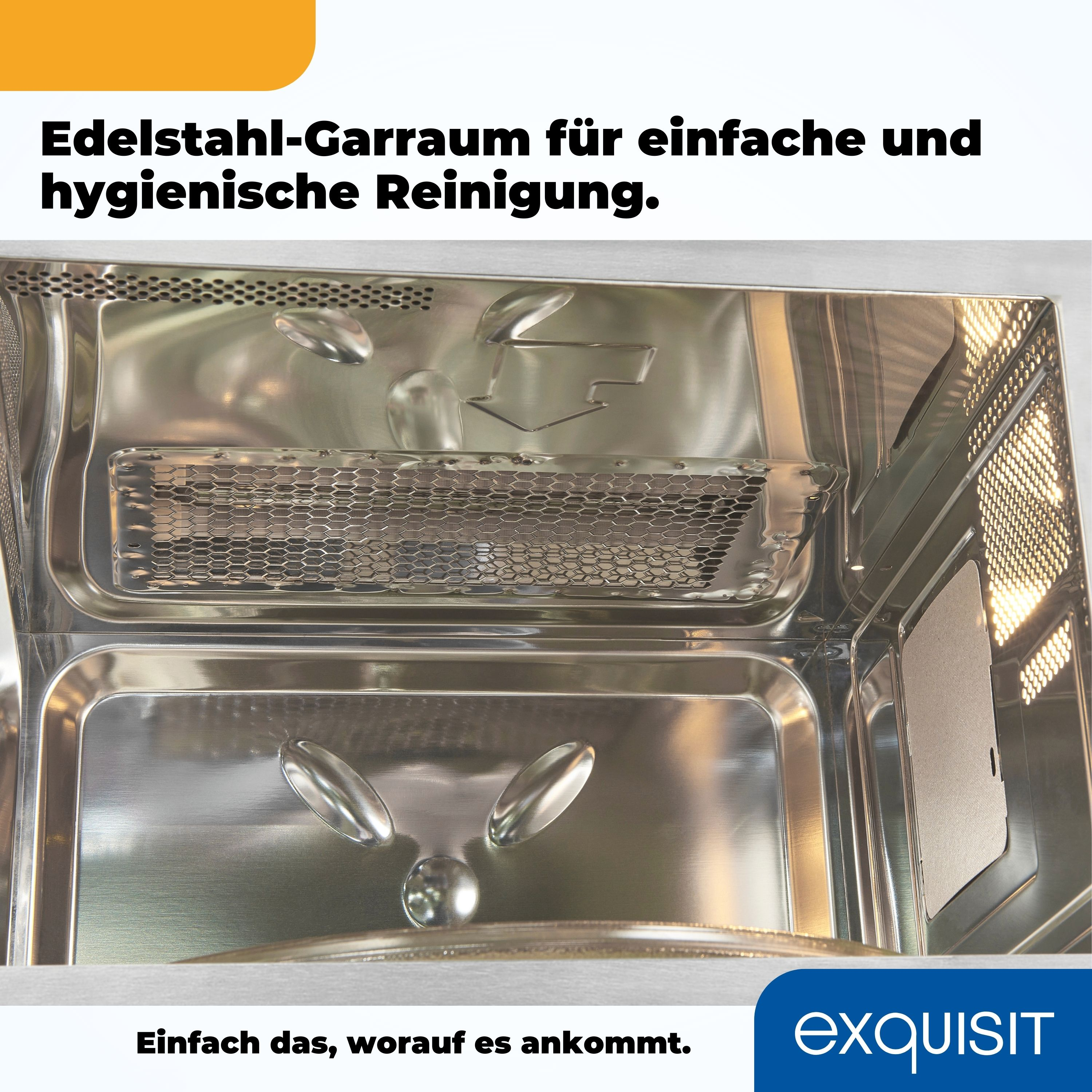 Ein Mikrowelleninnenraum mit Edelstahl-Innenraum. Text: 'Edelstahl-Garraum für einfache und hygienische Reinigung'.