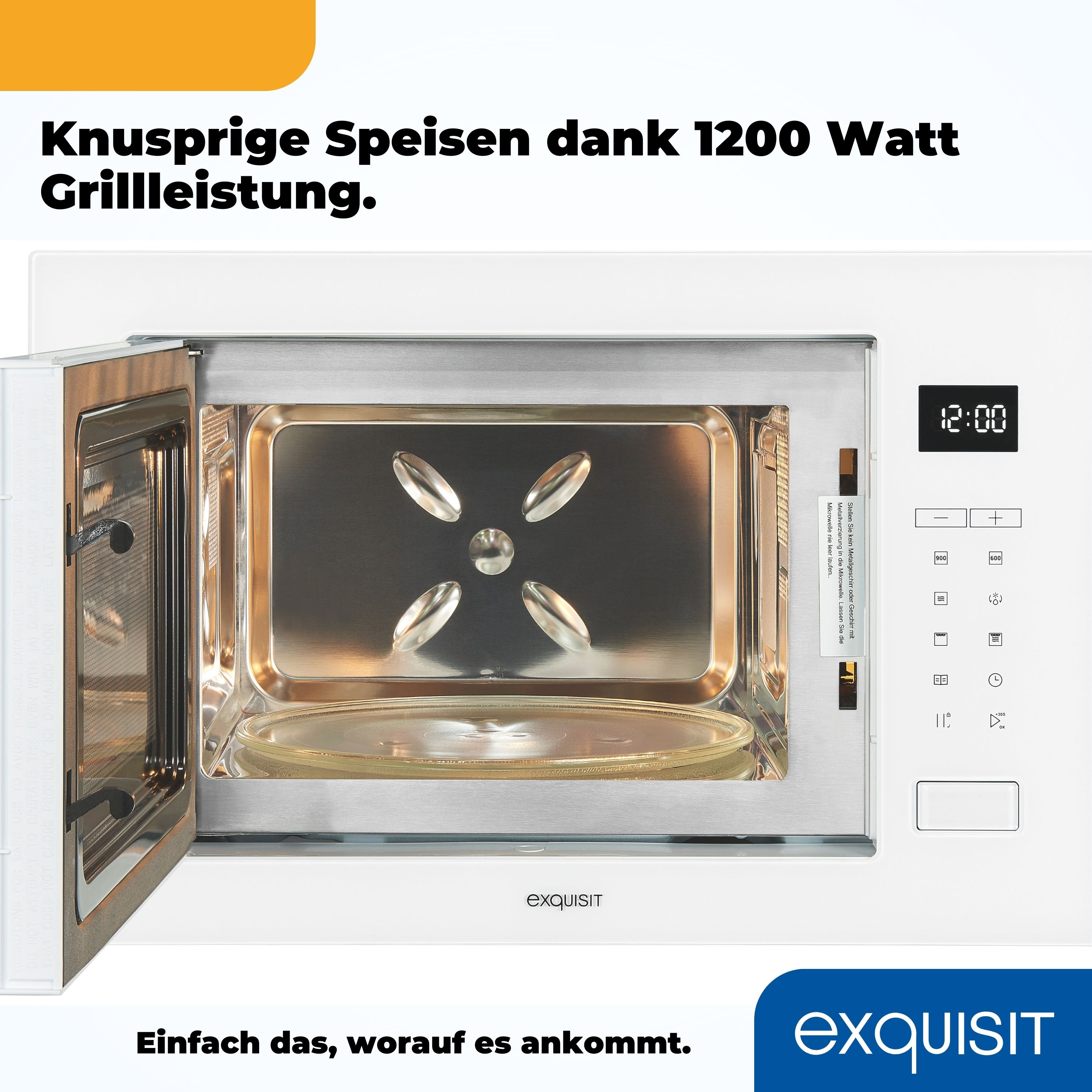 Eine weiße Mikrowelle mit offener Tür, die das Innere zeigt.