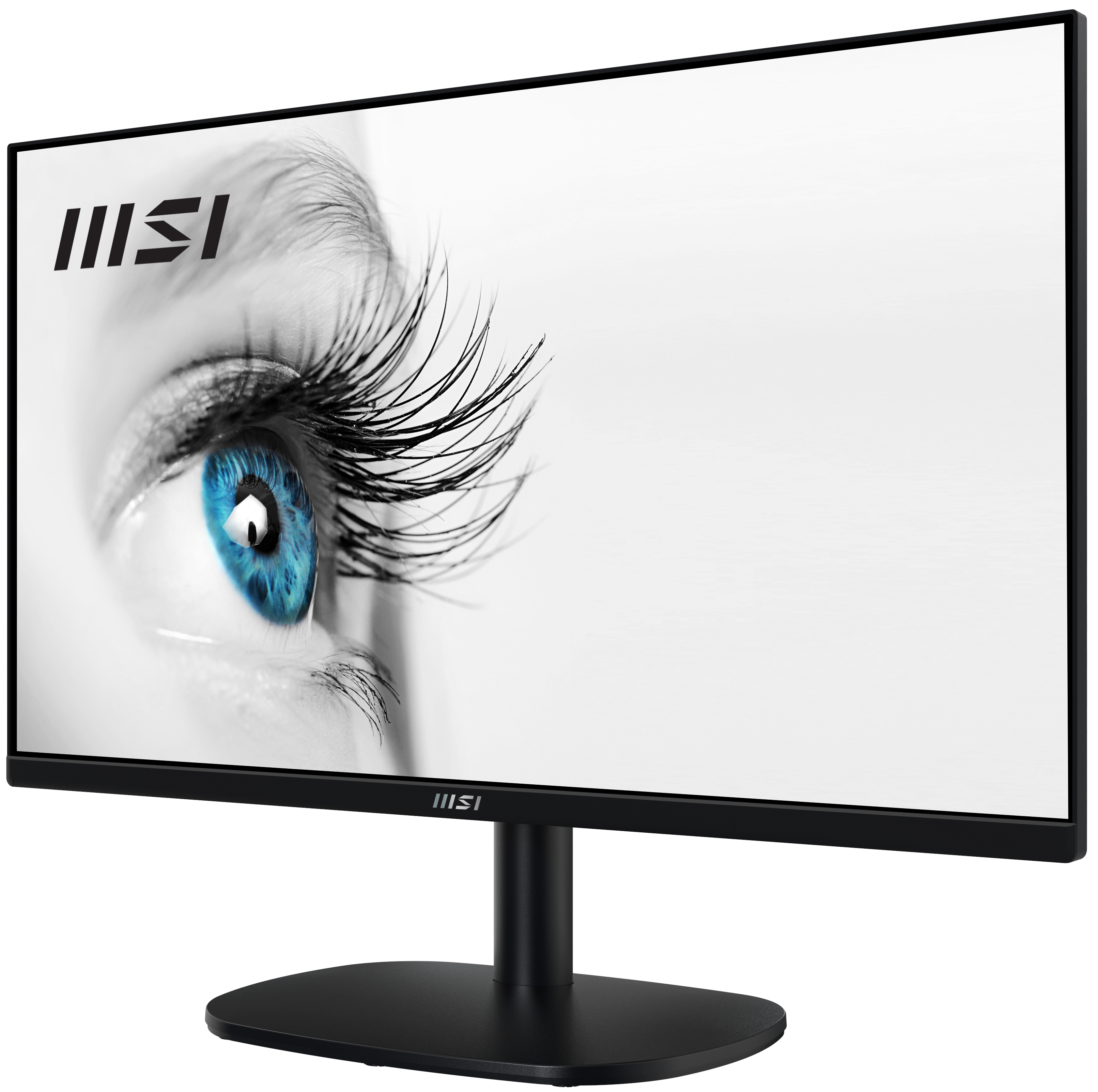 Monitor MSI che mostra un primo piano di un occhio blu con lunghe ciglia. Lo sfondo è bianco.