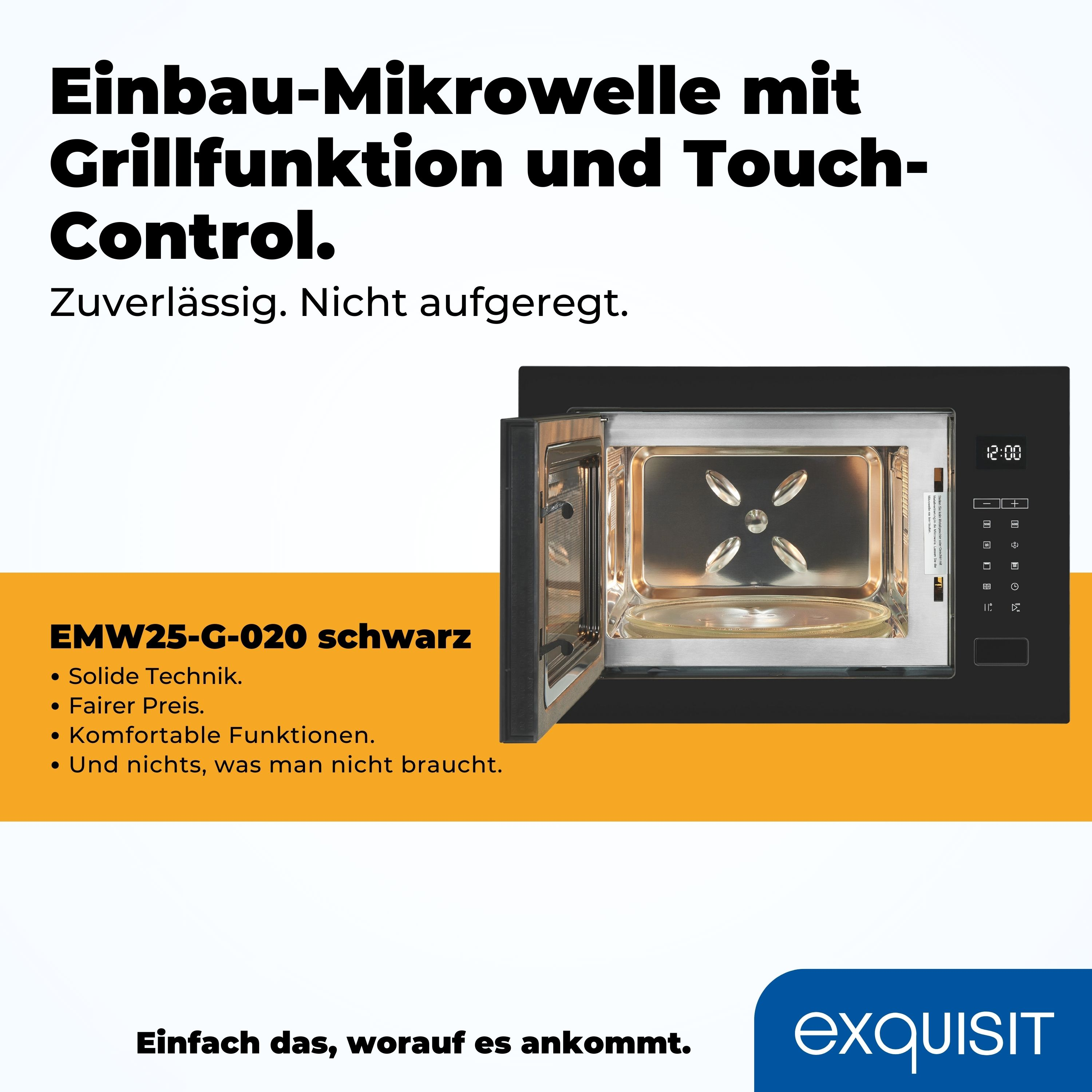 Schwarze Einbau-Mikrowelle mit offener Tür, zeigt Innenraum und Bedienfeld.