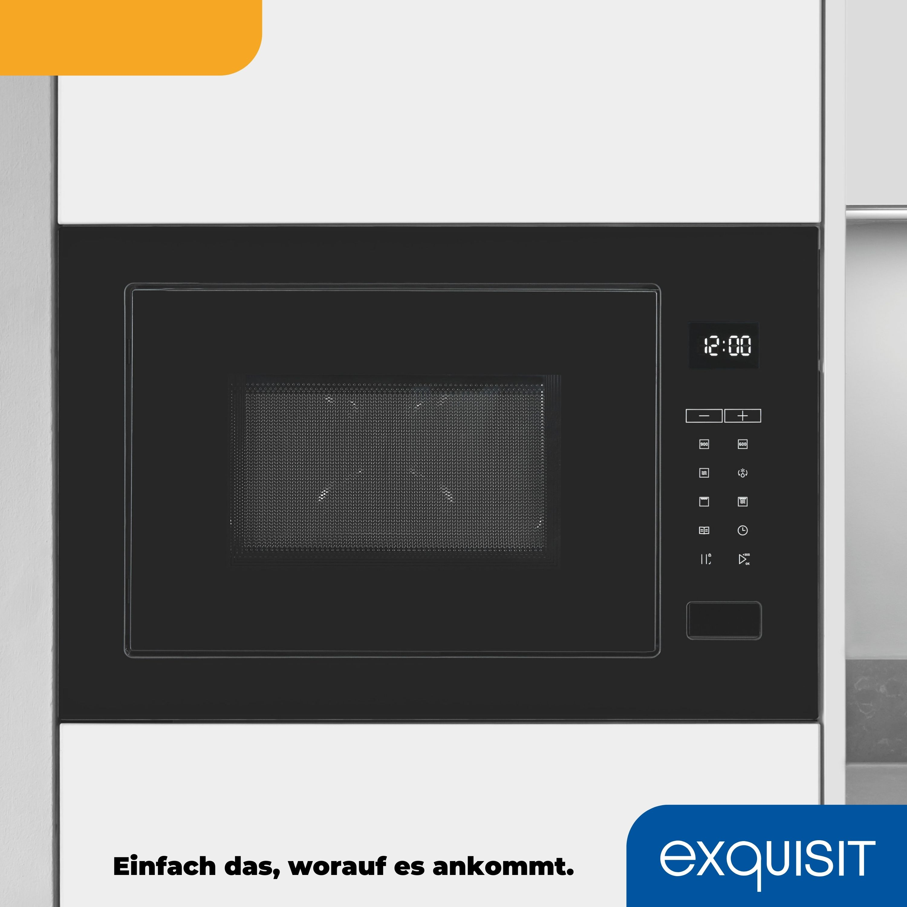 Schwarze Mikrowelle: Modernes Design mit Digitalanzeige und Bedientasten. Es ist in einen weißen Schrank eingebaut.