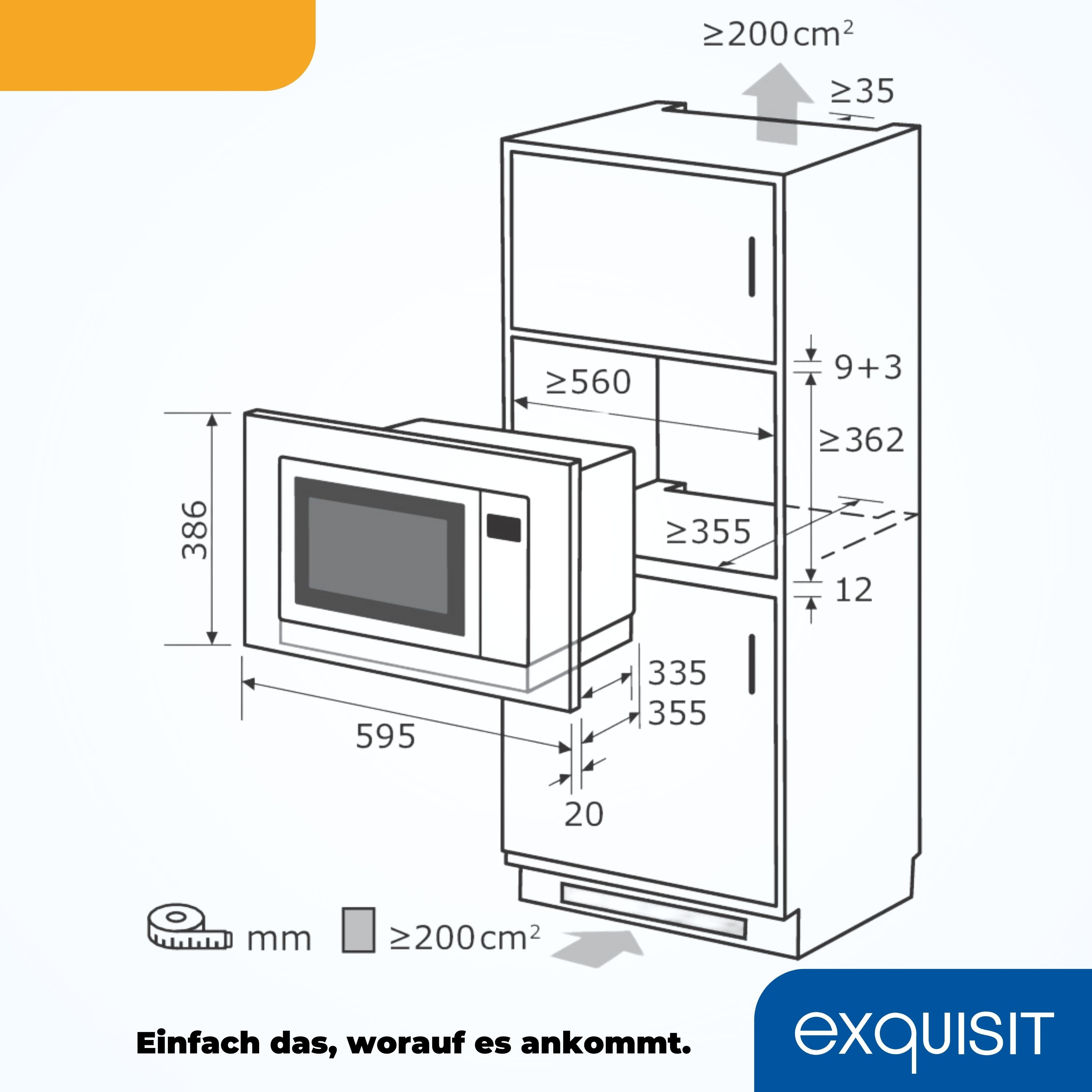 Diagramm eines Mikrowellenherds mit Abmessungen und einer Installationsanleitung.