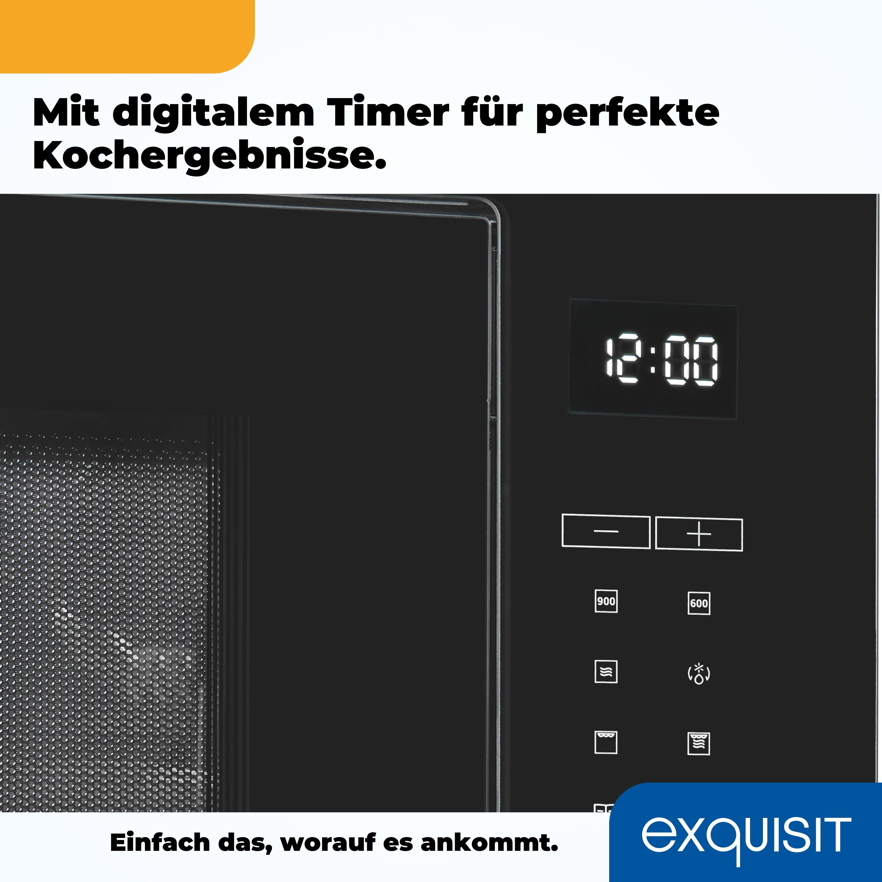 Schwarze Mikrowelle mit digitaler Timeranzeige, Bedientasten und Markennamen.