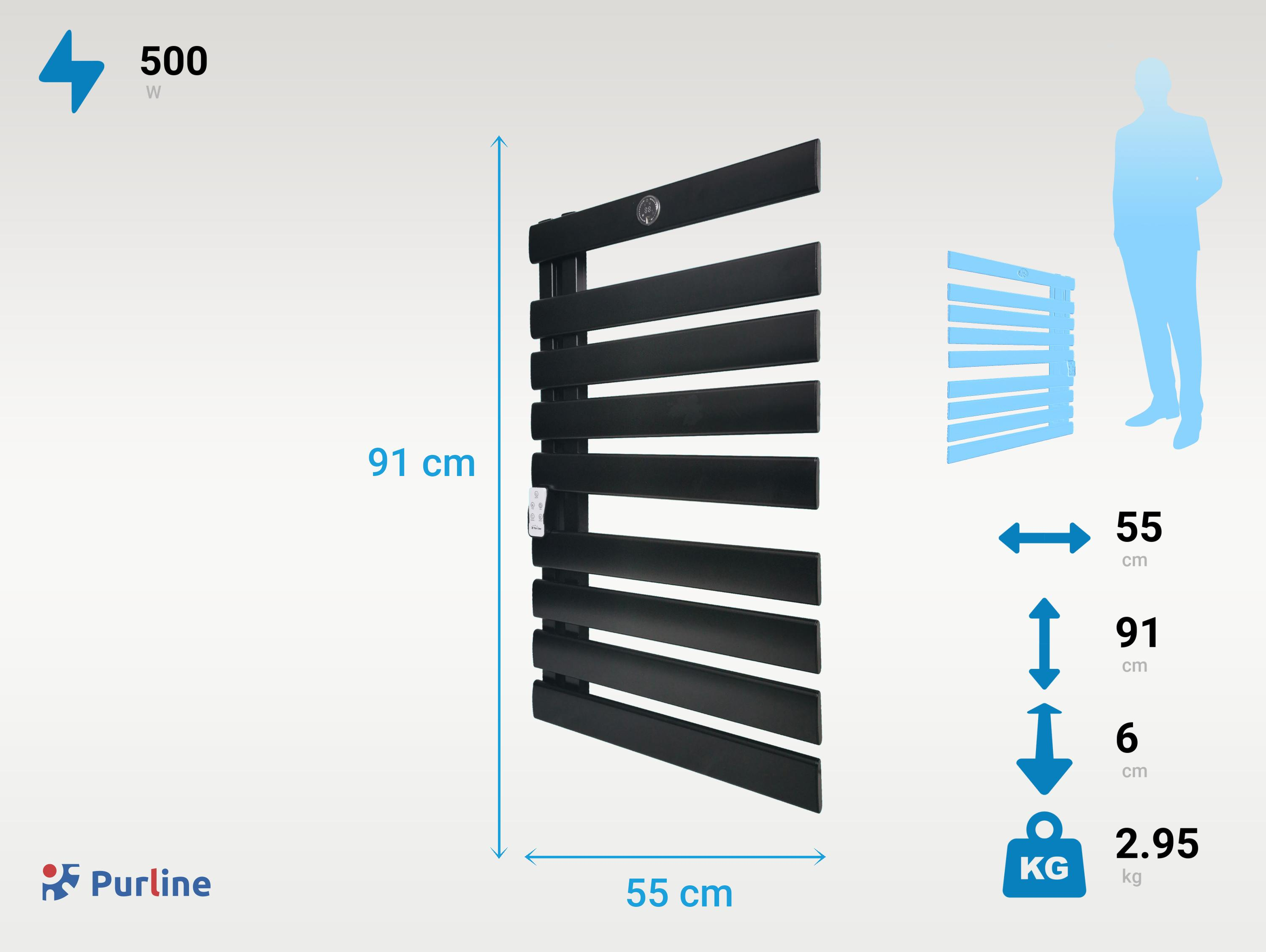 Calentador de toallas negro con dimensiones y una silueta humana. La imagen tiene una marca de 500W.