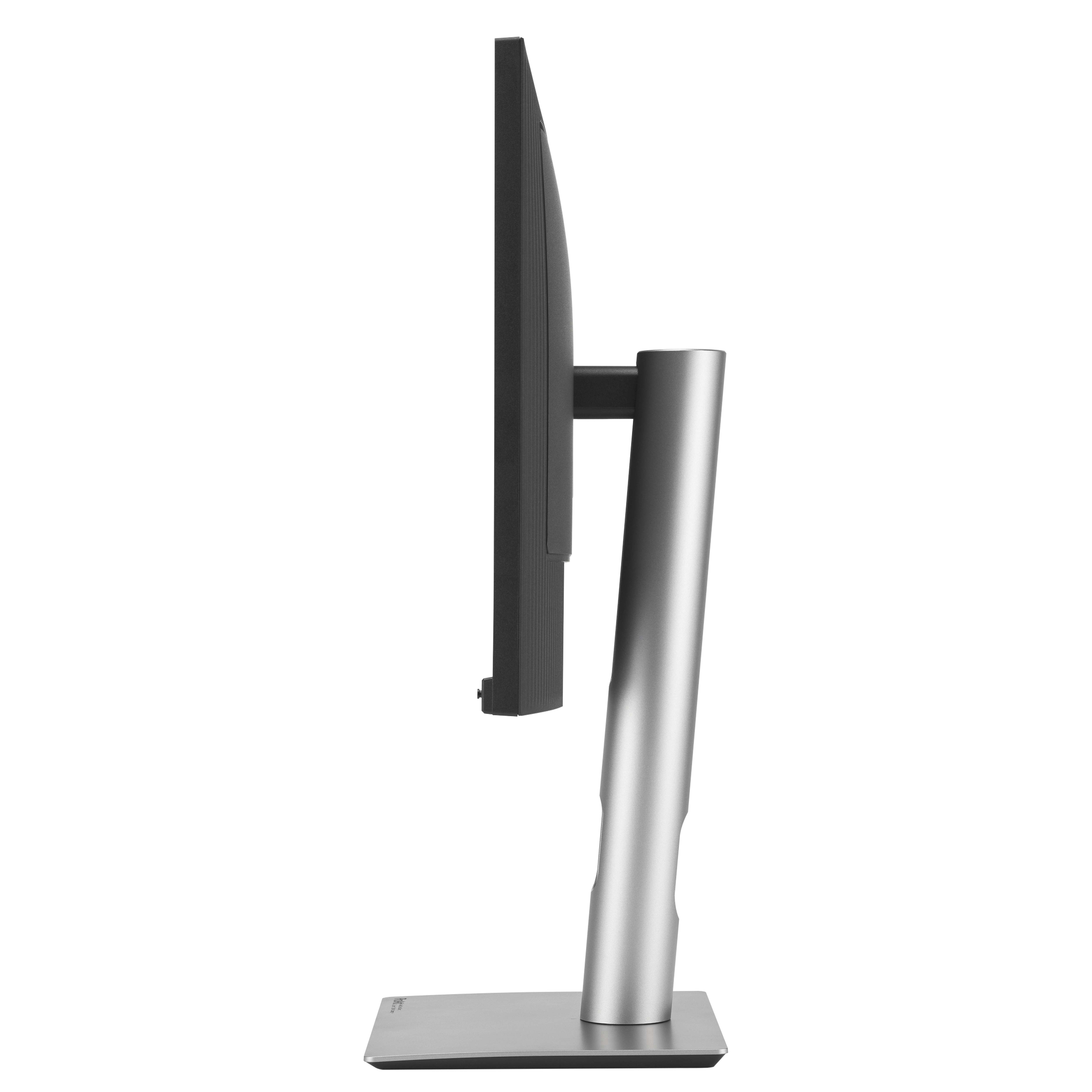 Monitor komputera z boku. Srebrna podstawa, czarny ekran i ramka.