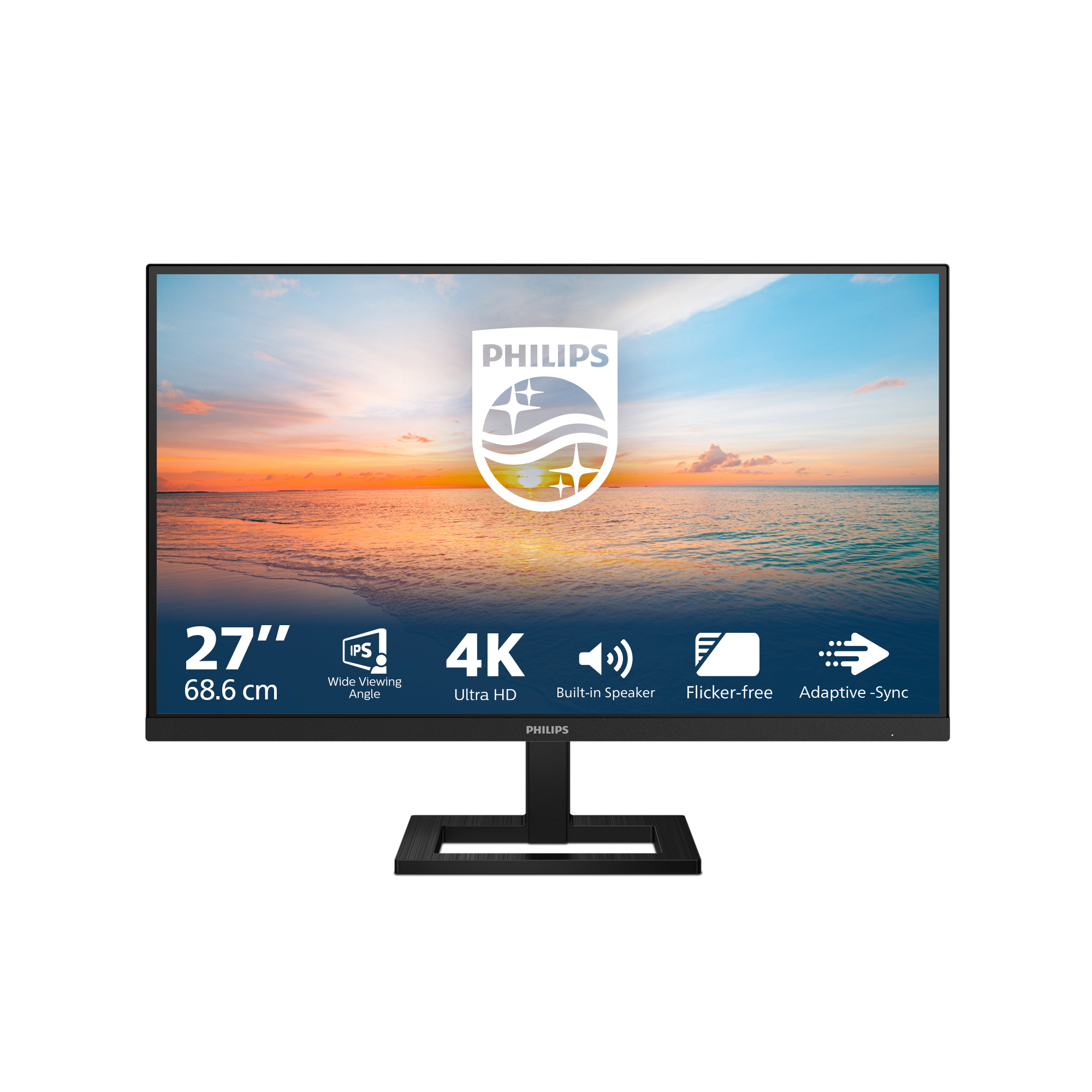 27 inçlik bir Philips monitör. Siyah bir çerçevesi vardır ve su üzerinde gün batımını gösterir.