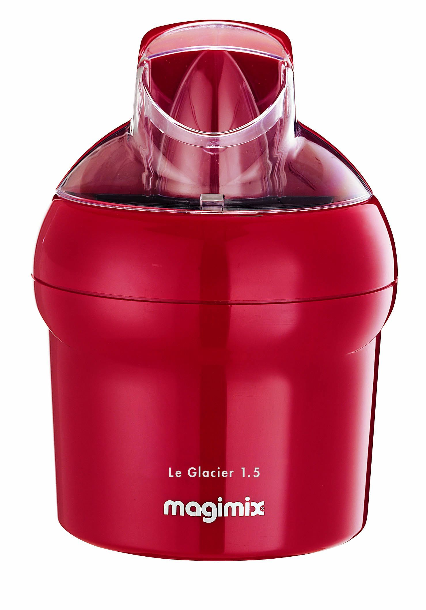 Machine à glace Magimix rouge. Elle a un dessus transparent et est sur fond blanc.