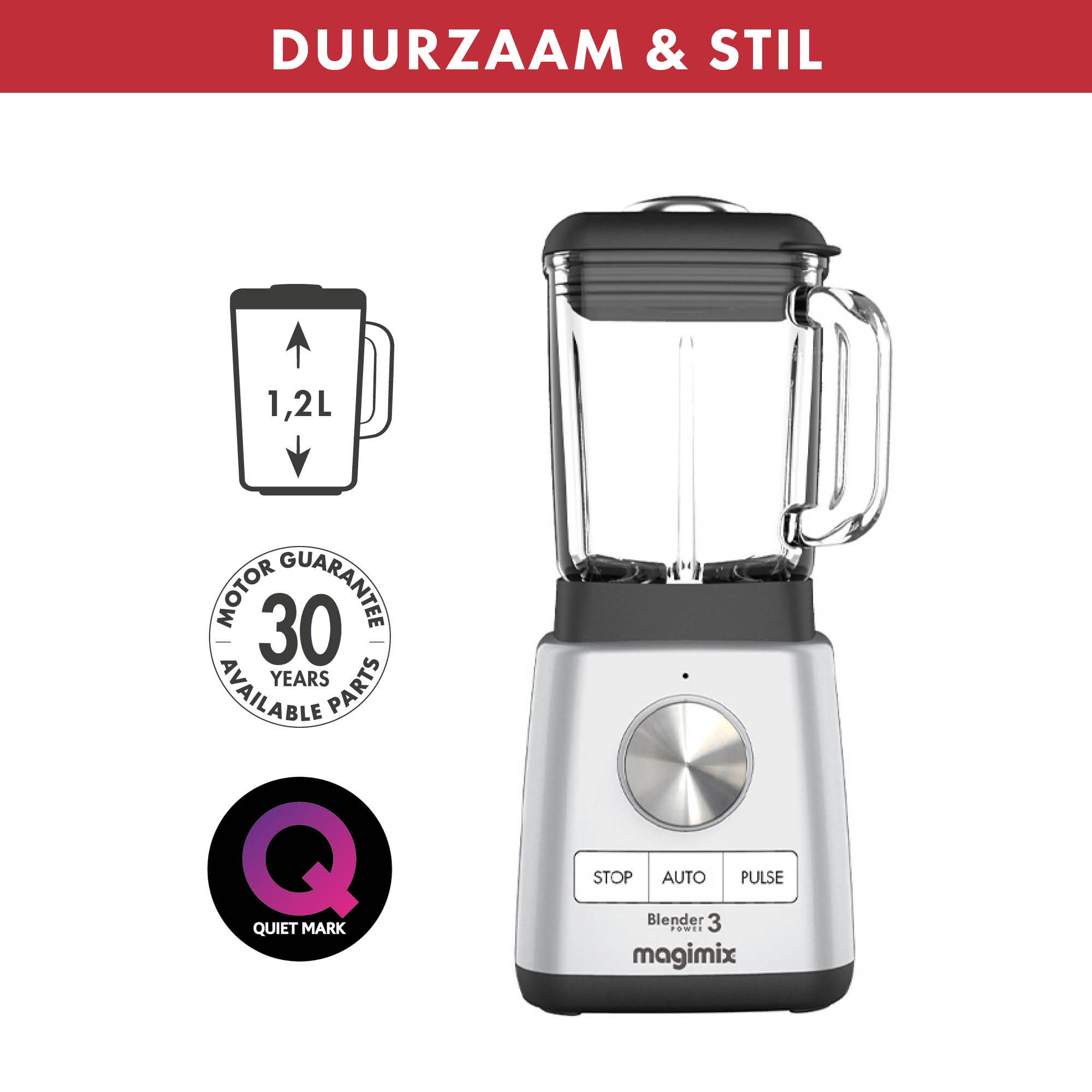 Blender met zilveren voet en glazen kan. Tekst: DURZAAM & STIL (duurzaam & stijlvol). 30 jaar garantie.
