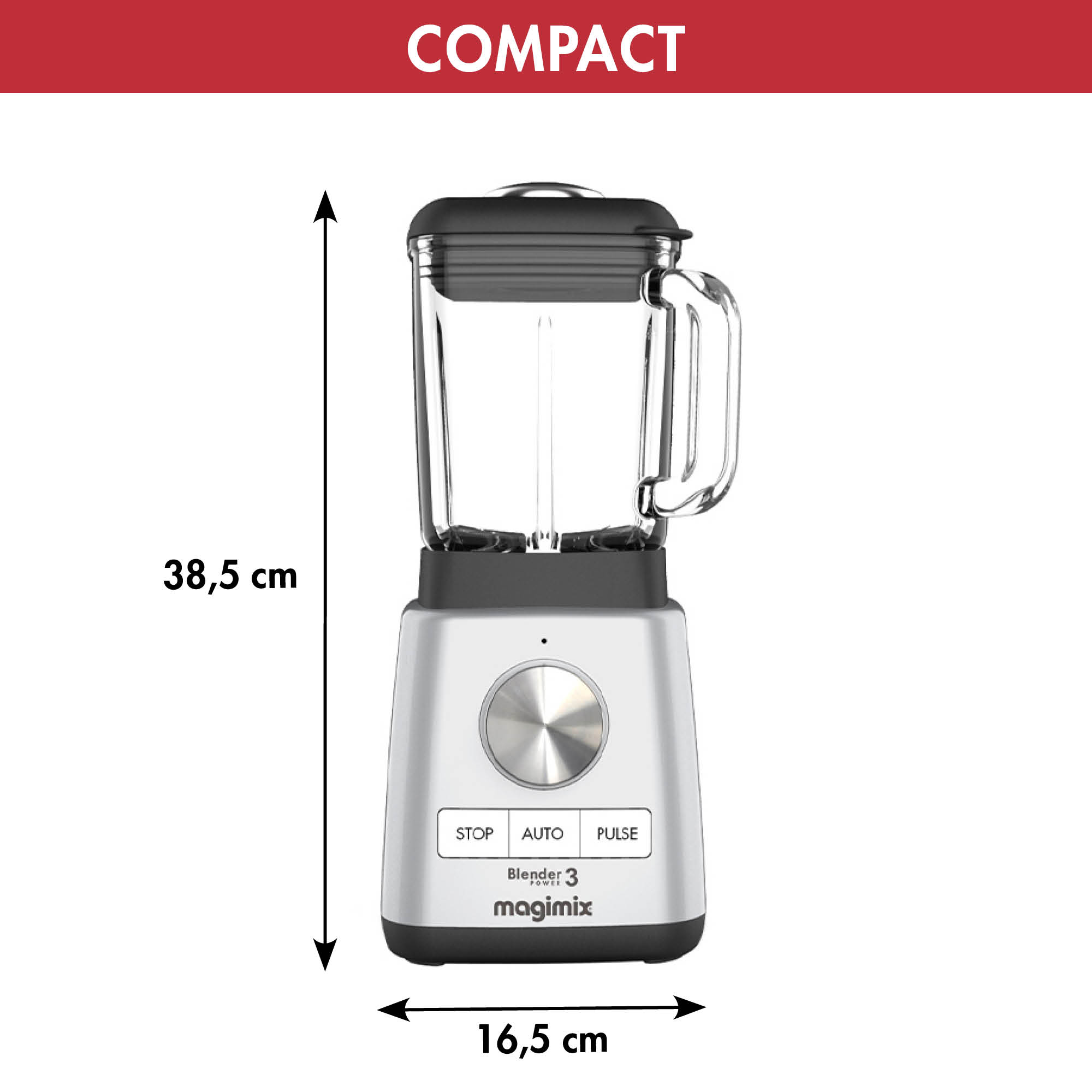 Zilver-zwarte blender met afmetingen. Tekst zegt: 