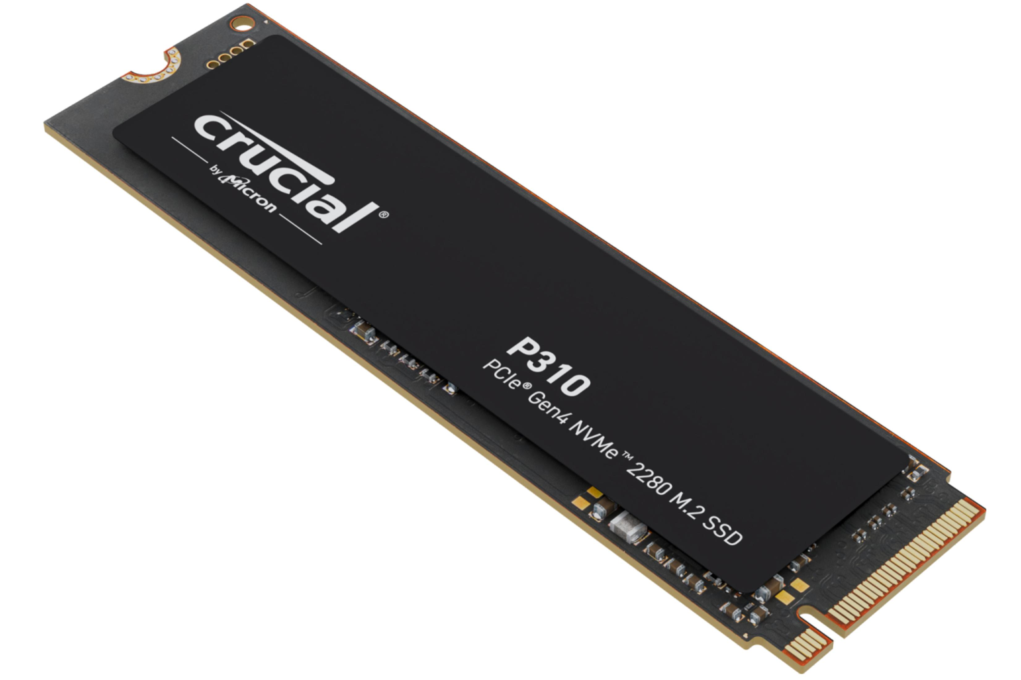 Czarny dysk SSD z etykietą z napisem 'crucial' i 'P310 PCle Gen4 NVMe 2280 M.2 SSD'.