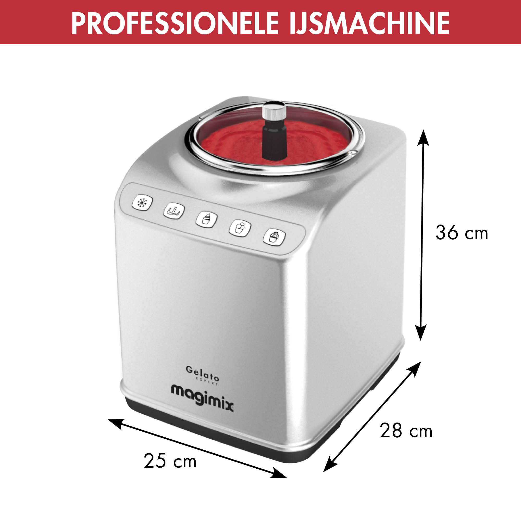 A silver ice cream maker with red ice cream inside, with dimensions and labels on it.