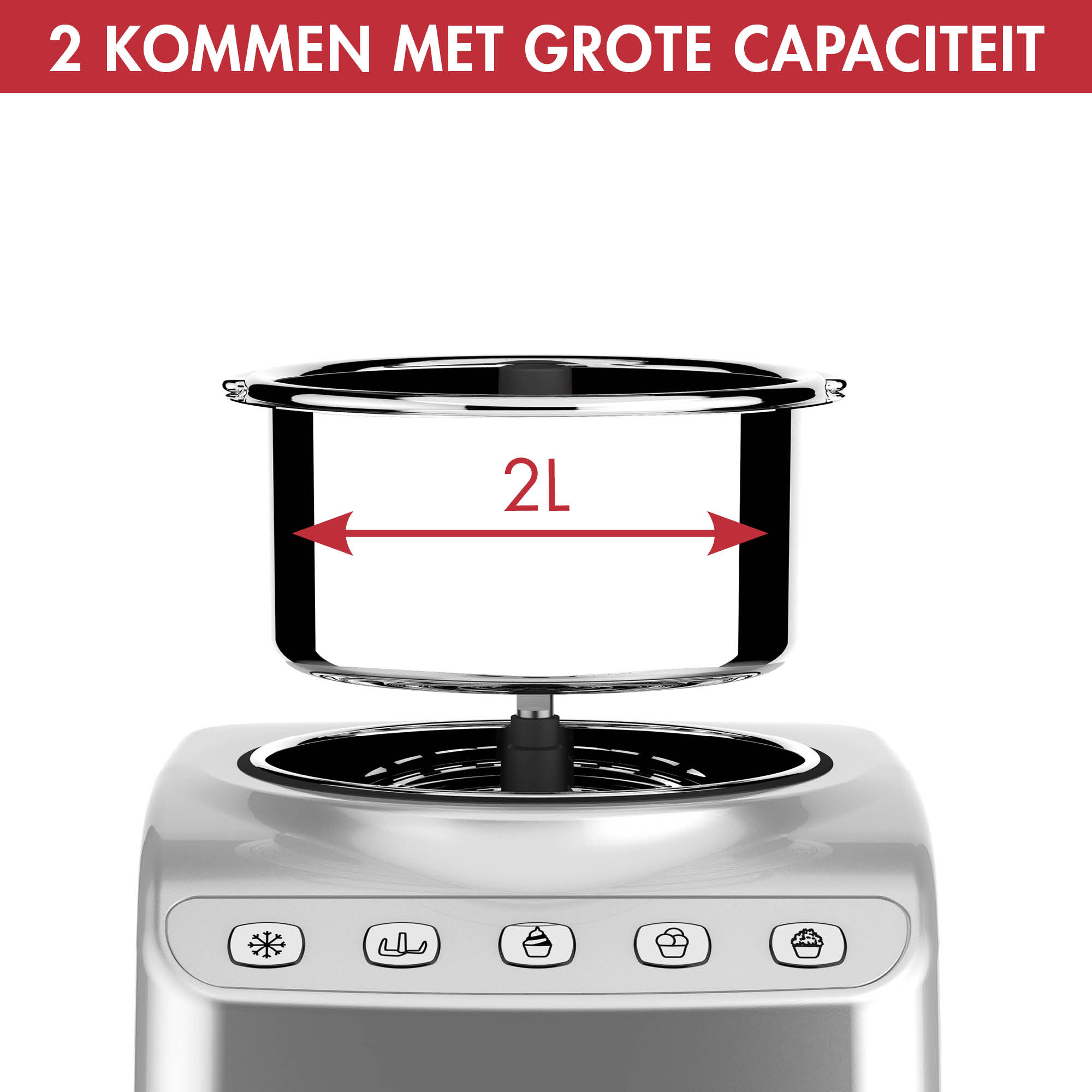 A metal pot on a white appliance with buttons. Shows a 2L capacity arrow.