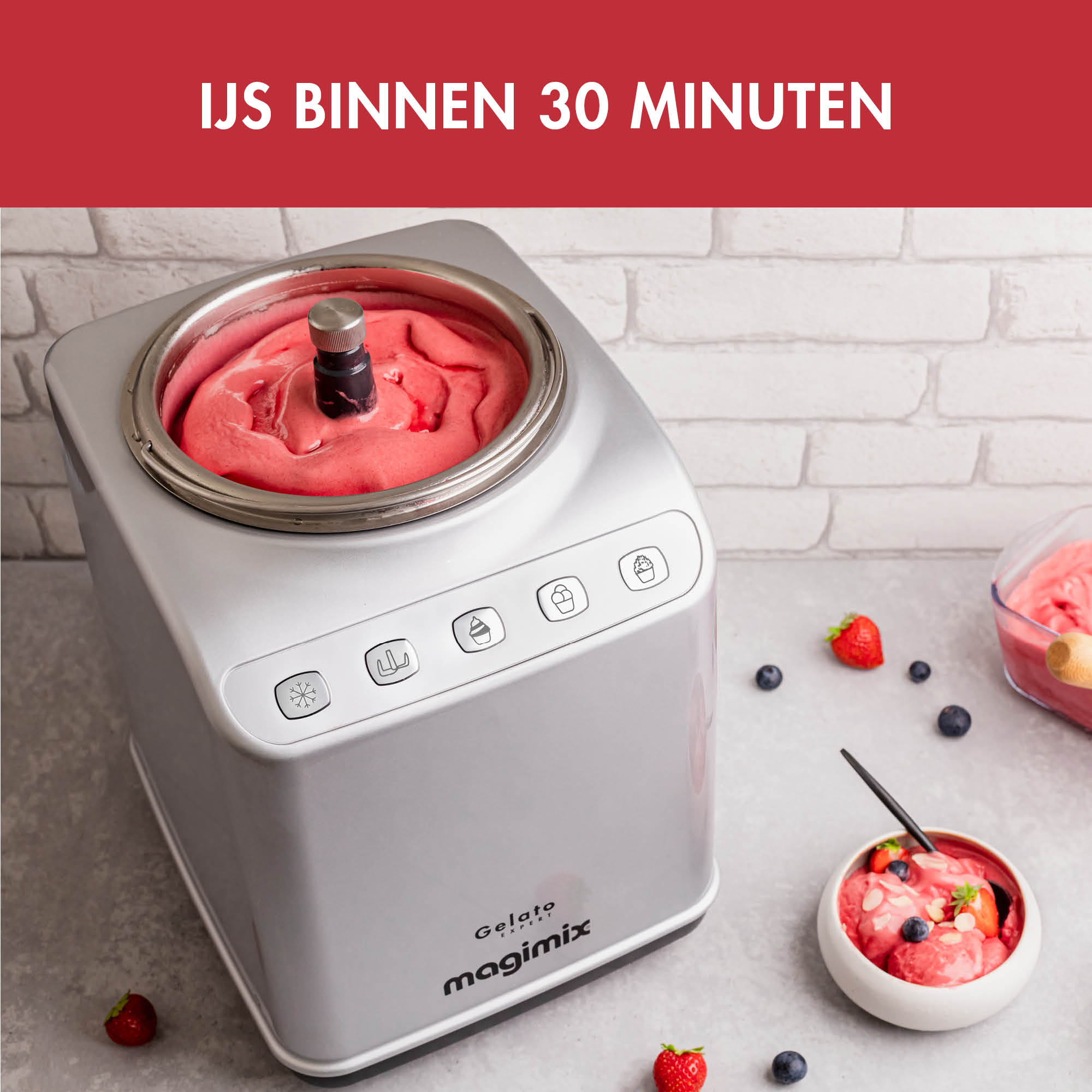 Ice cream maker with red text: ice in 30 minutes. Strawberries and blueberries are in the frame.