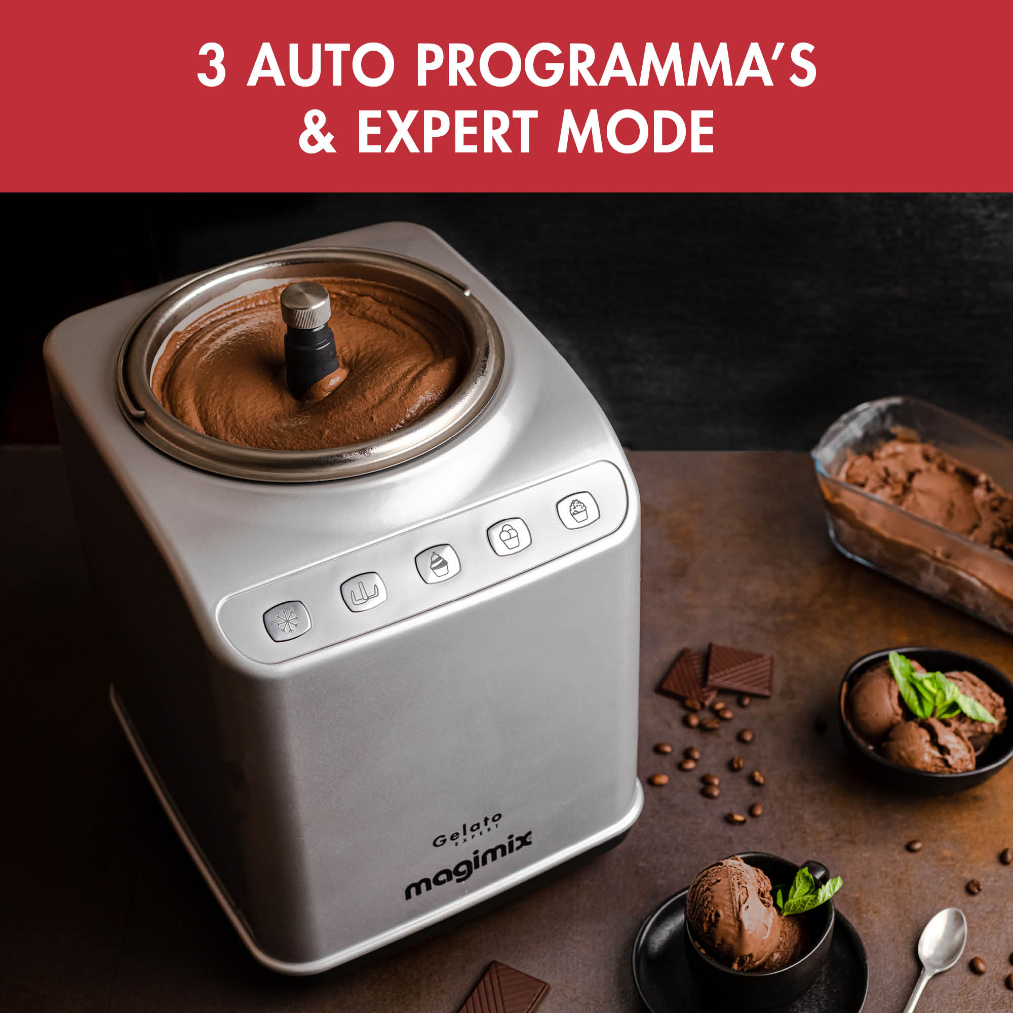Silver ice cream maker with chocolate ice cream inside and in small bowls.