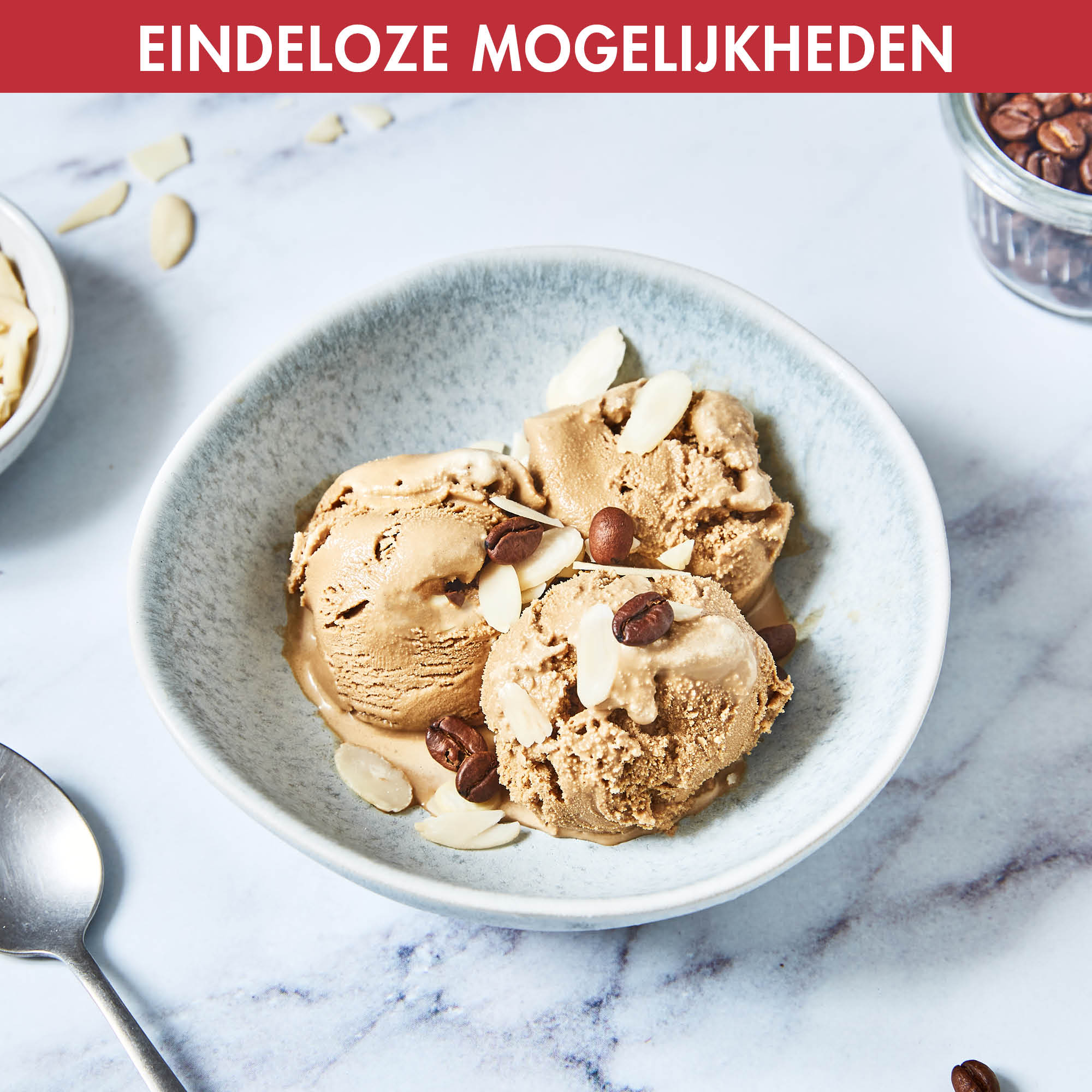 A bowl of ice cream with almonds, coffee beans, and text in a light blue bowl.