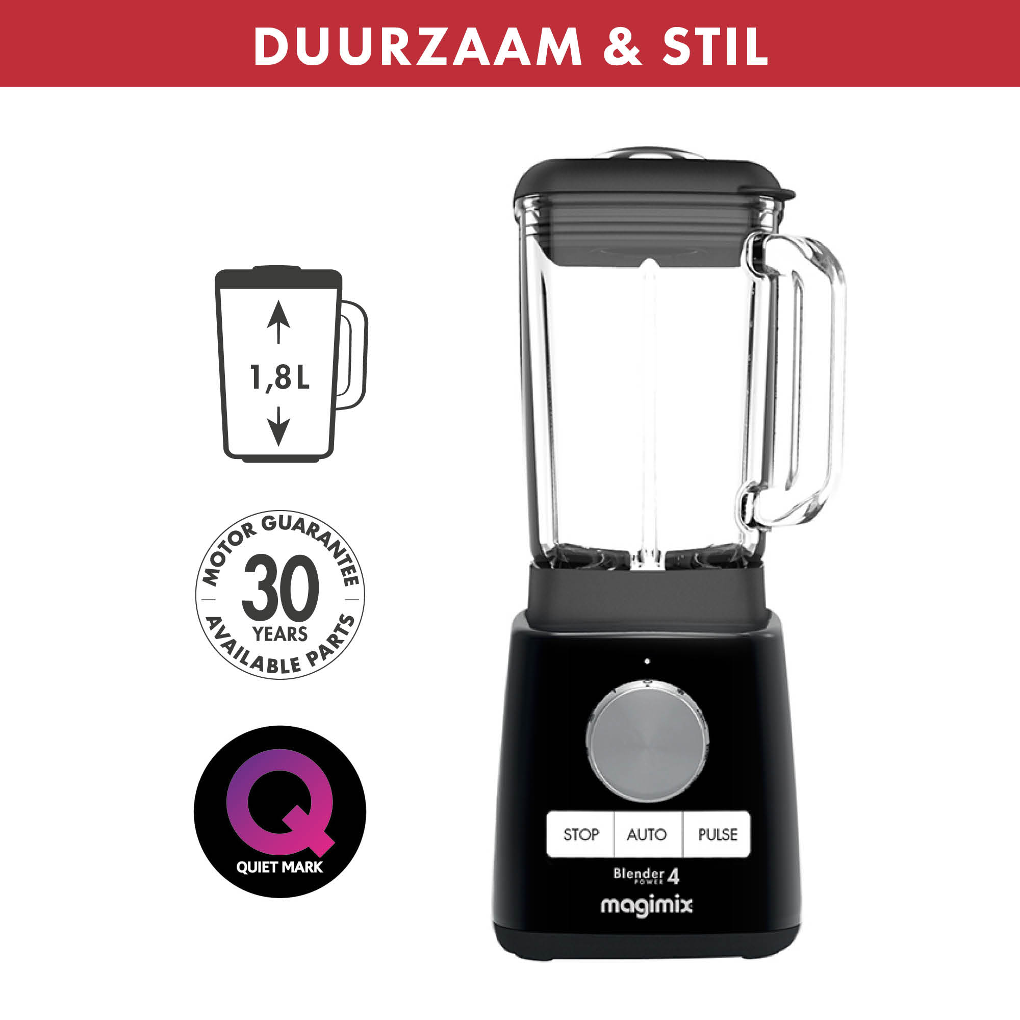 Een zwarte blender met een glazen pot, 'STOP', 'AUTO' en 'PULSE' knoppen, en tekst met afmetingen.