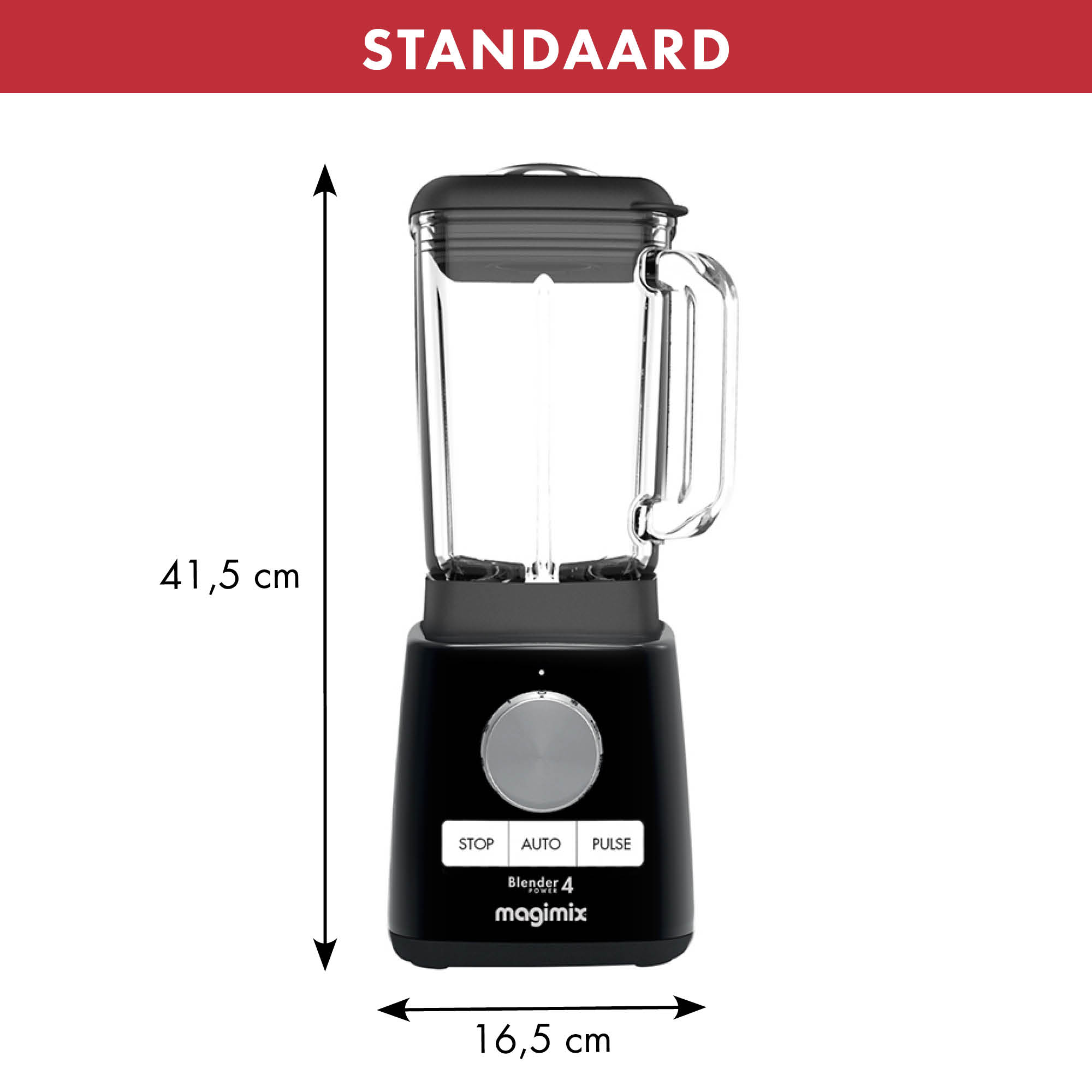 Zwarte blender met gelabelde afmetingen. Witte achtergrond. Stop, Auto, Pulse knoppen.