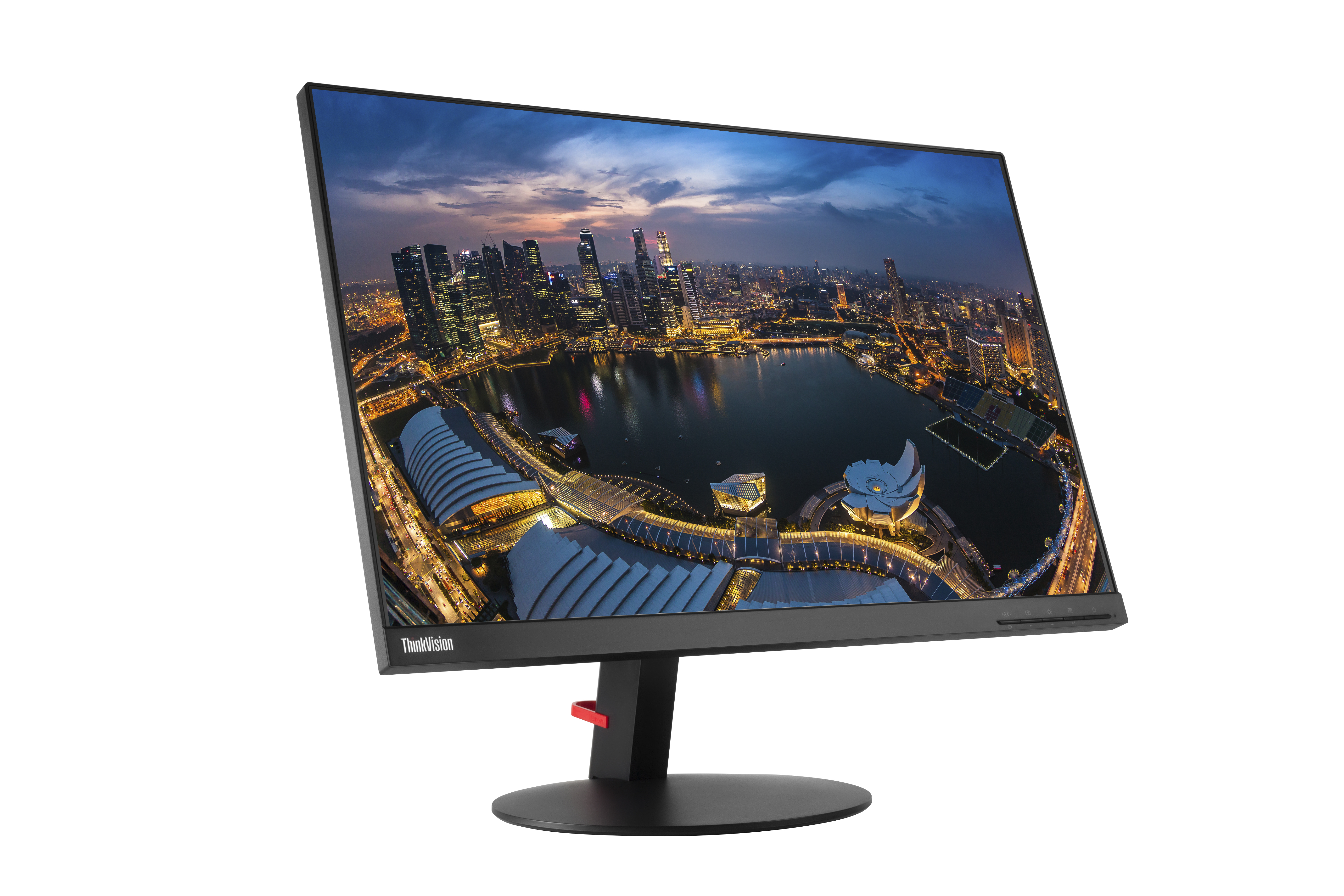 Computermonitor mit Stadtlandschaft. Schwarzer Rahmen und Ständer. Weißer Hintergrund.