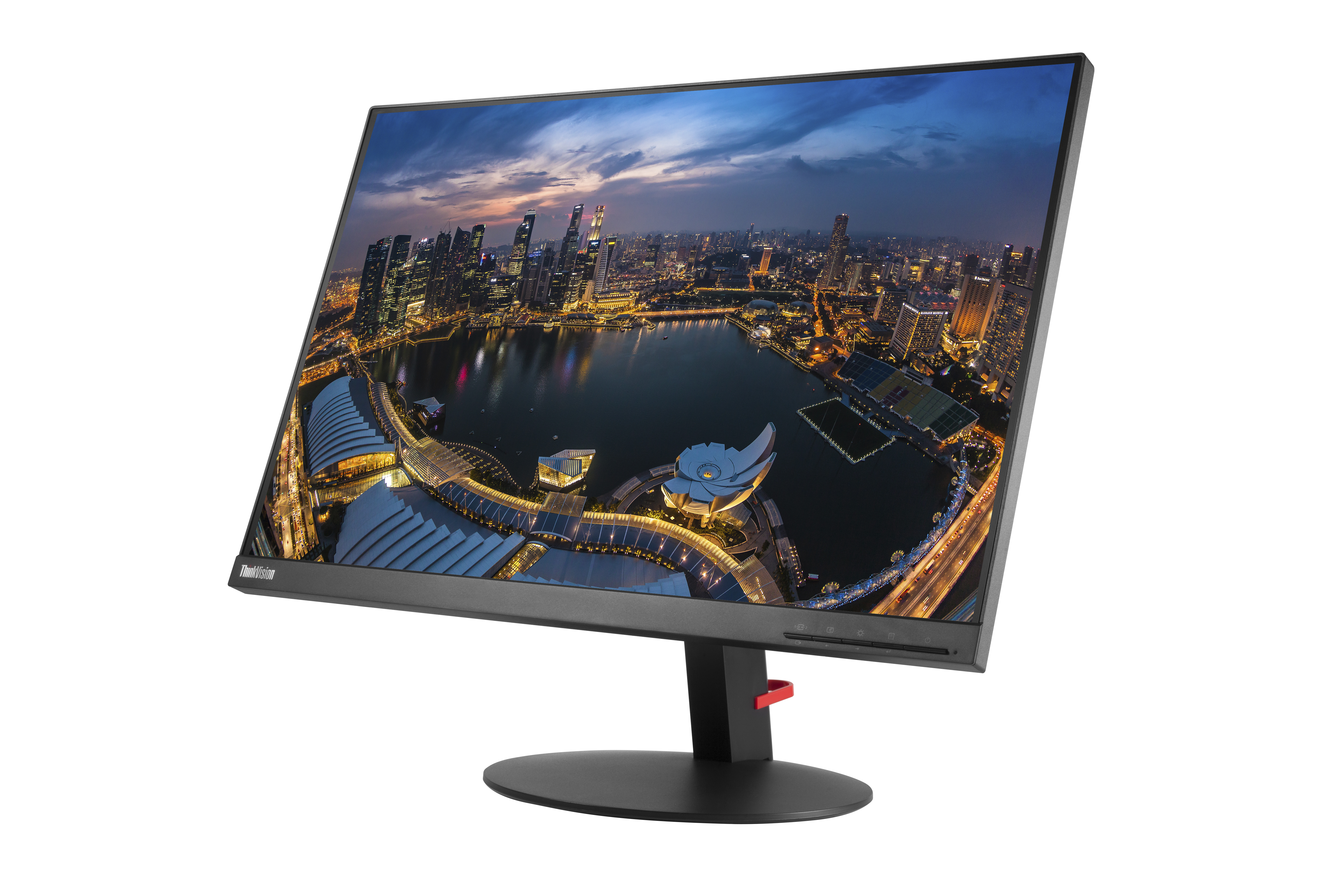 Ein Computermonitor mit Nachtansicht einer Stadt mit Ständer und roten Akzenten.