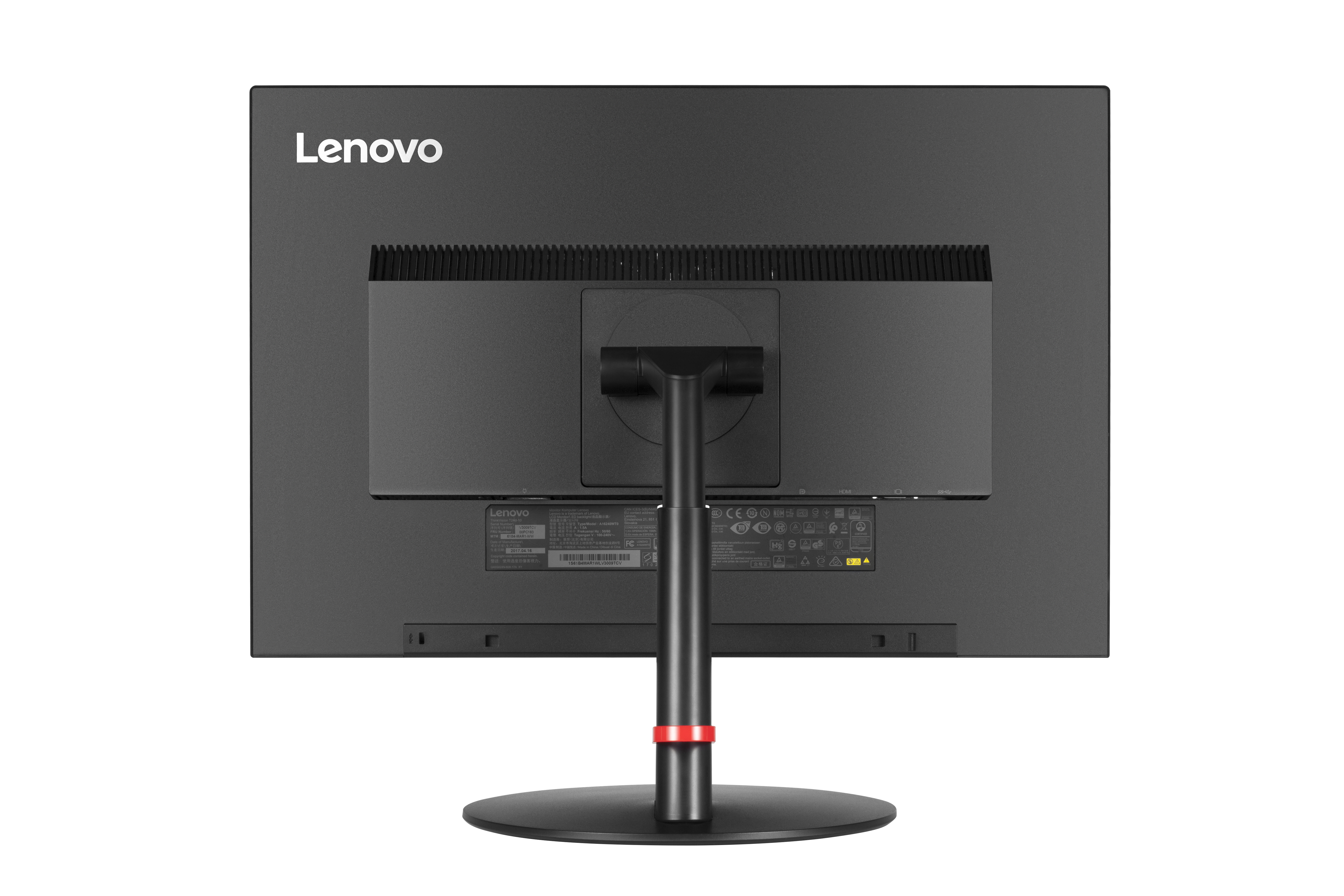 Rückansicht eines schwarzen Lenovo-Monitors mit rotem Ständer.