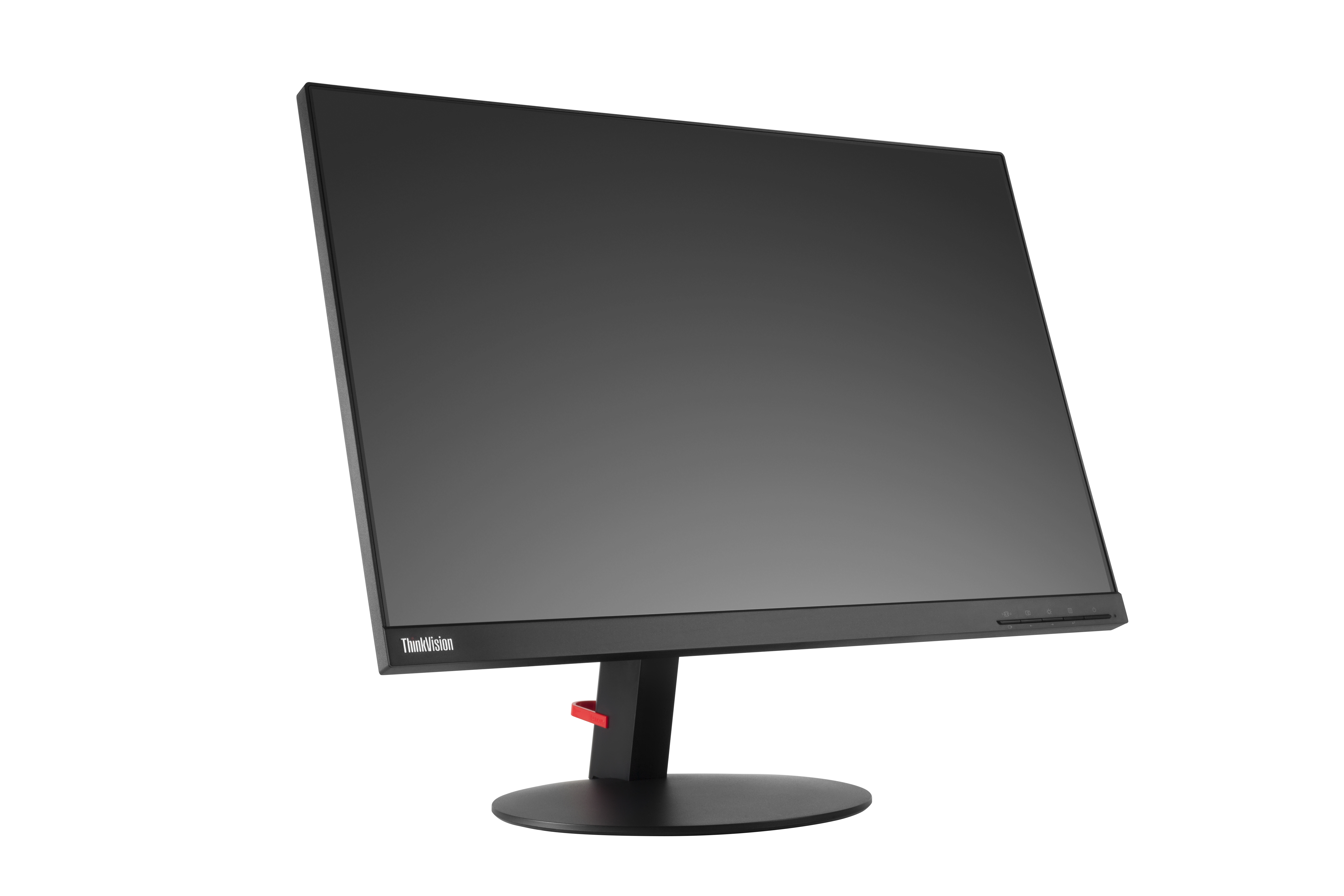 Lenovo ThinkVision Monitor, schwarz mit dünnem Rahmen. Der Ständer ist schwarz und rot.