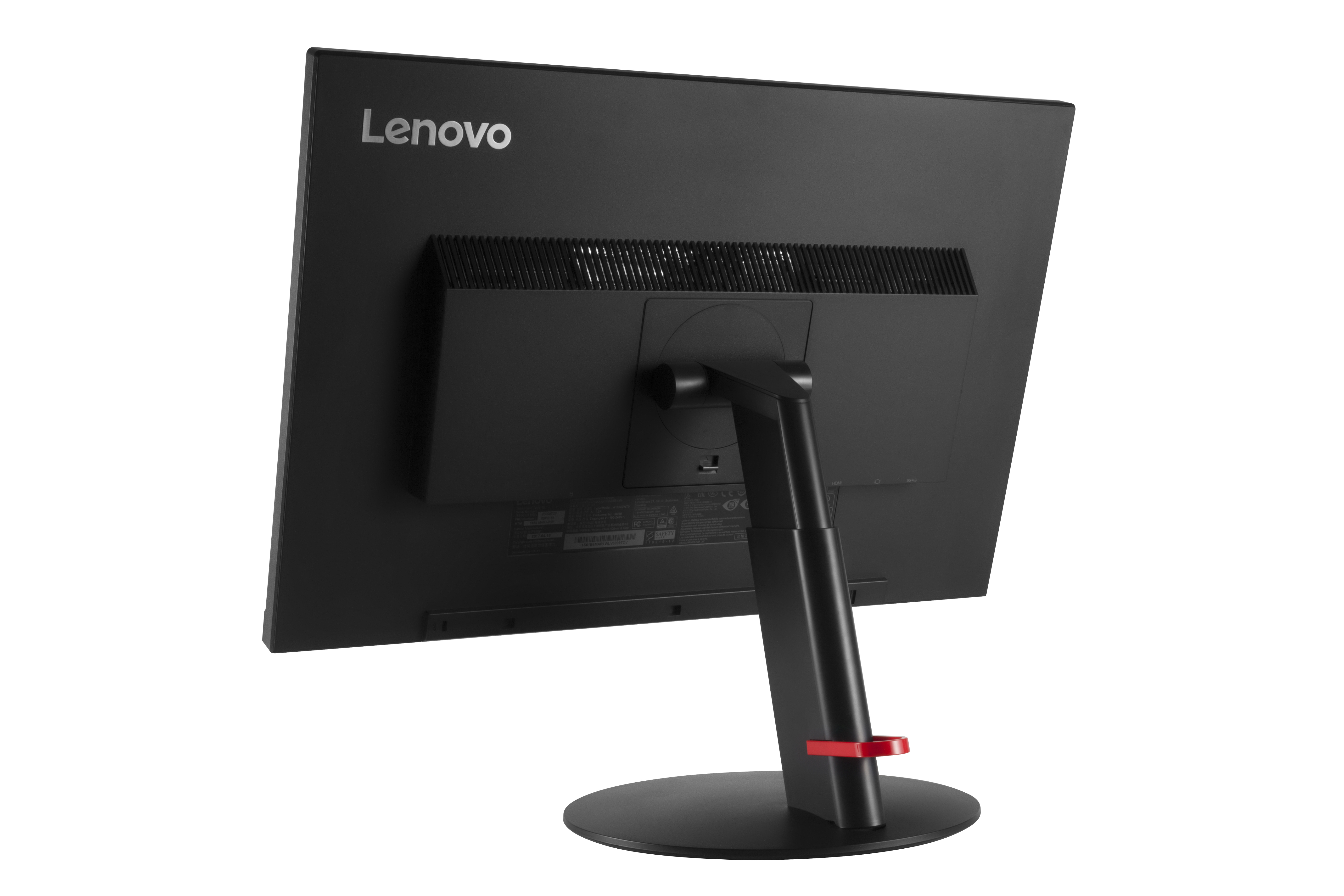Rückseite eines schwarzen Lenovo-Monitors mit roter Standbasis. Weißer Hintergrund.