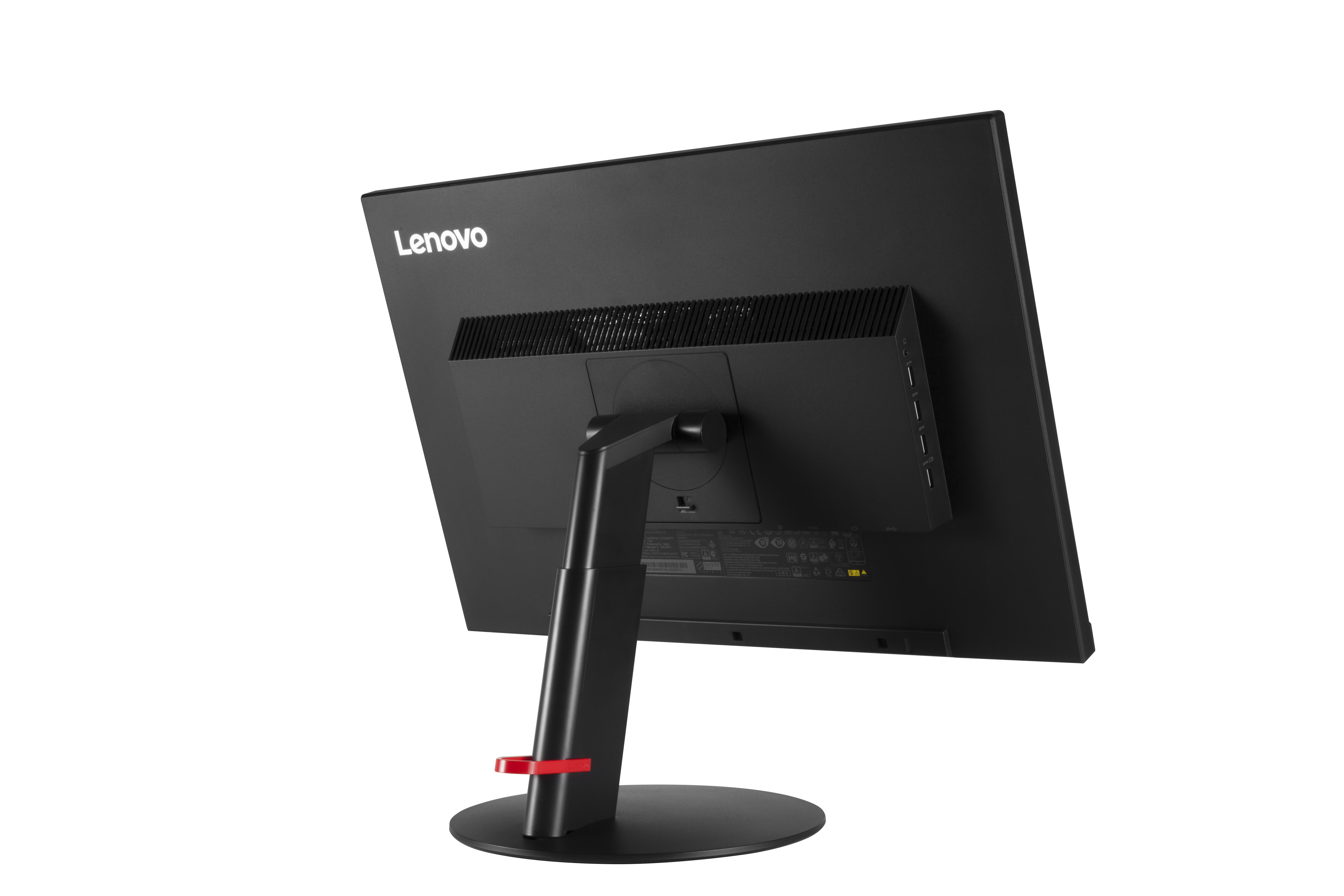 Schwarze Lenovo-Monitorrückseite. Mit Lenovo-Logo, Ständer und rotem Akzent. Weißer Hintergrund.