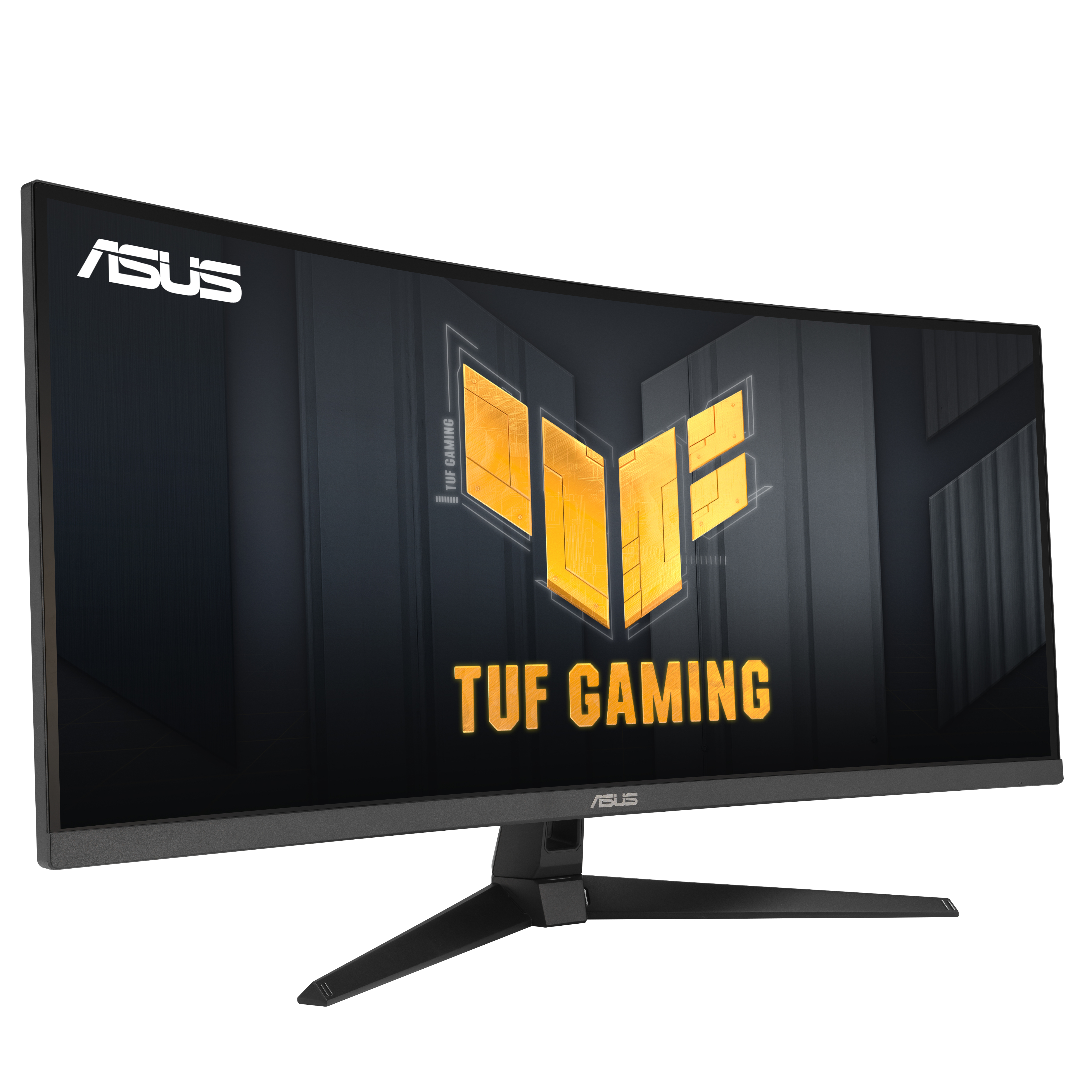Gebogener ASUS TUF Gaming-Monitor. Schwarzer Rahmen mit dem TUF-Logo auf dunklem Hintergrund.