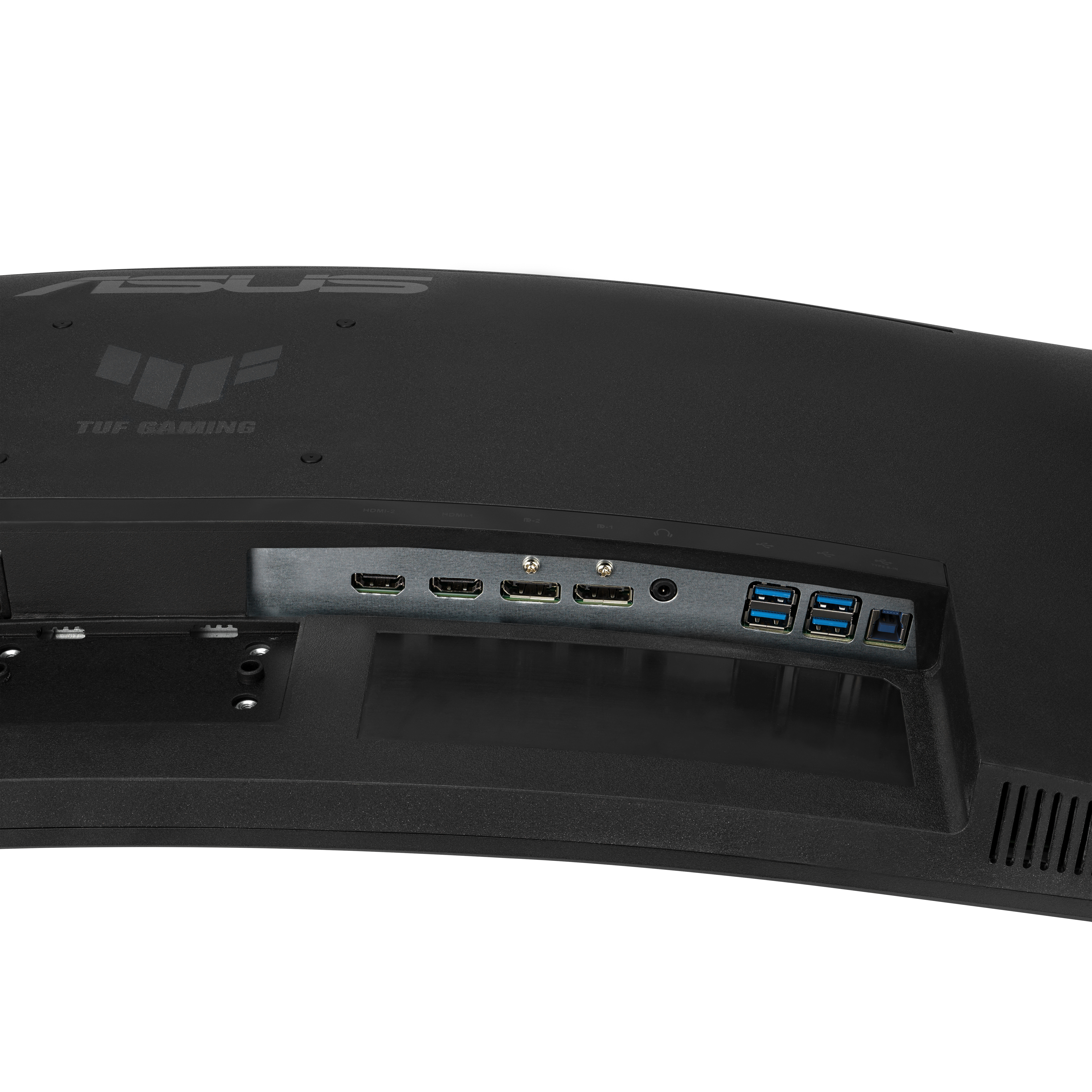 Schwarze, gewölbte Rückseite eines Computermonitors mit Anschlüssen. TUF Gaming Logo.
