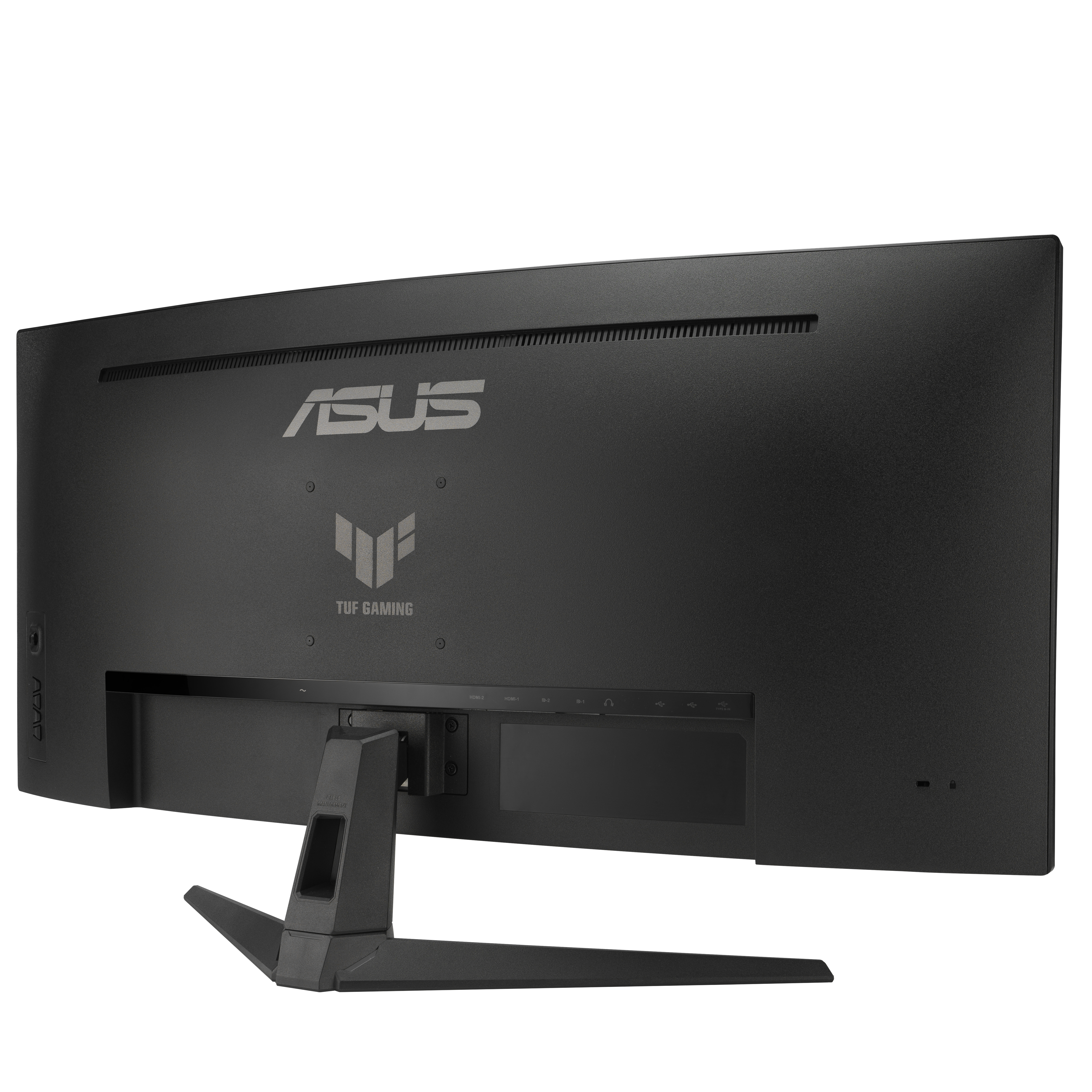 Rückansicht eines gewölbten schwarzen Computermonitors mit ASUS- und TUF Gaming-Logos.