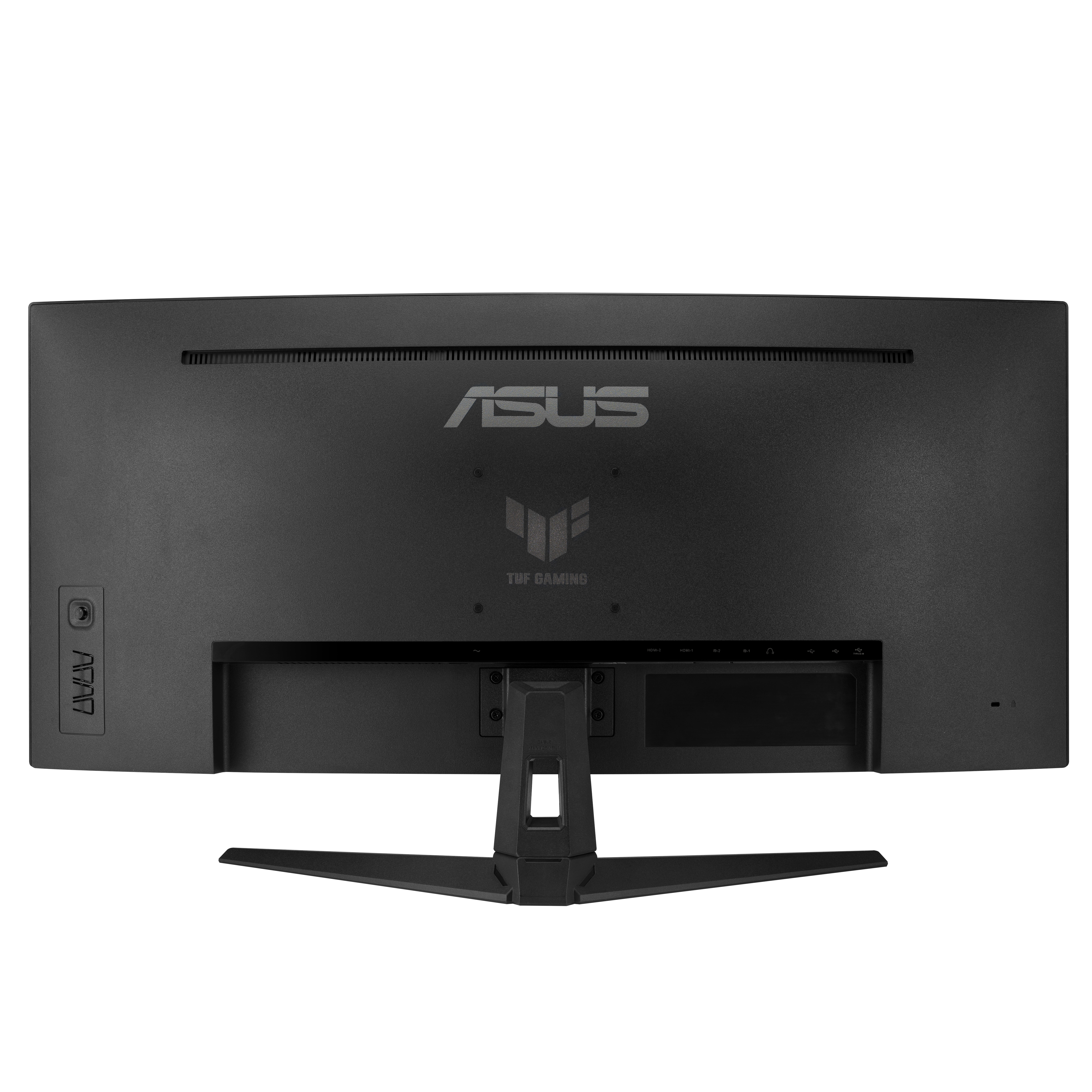 Rückansicht eines schwarzen ASUS TUF Gaming Monitors mit Standfuß. Das ASUS Logo ist sichtbar.