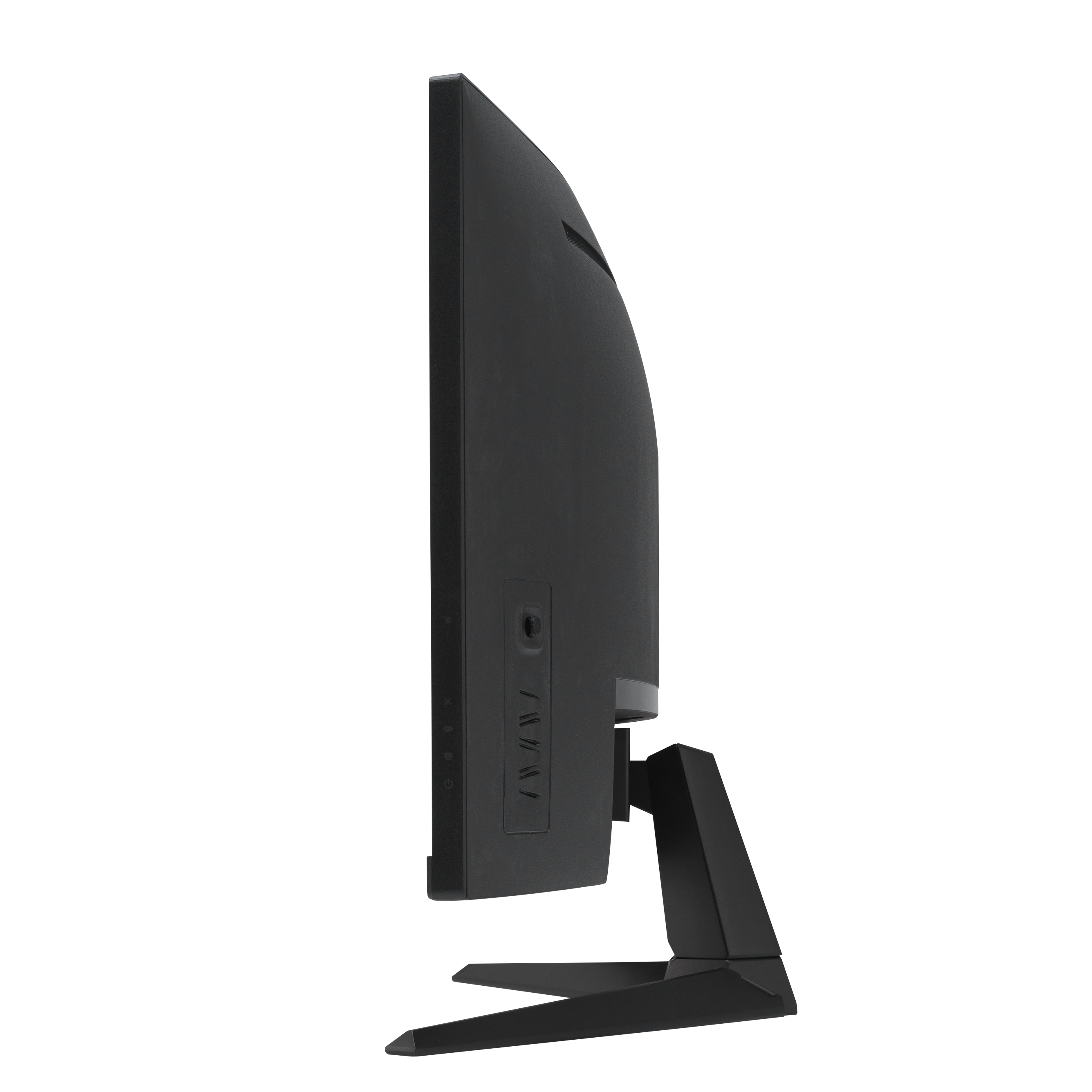 Schwarzer Computermonitor von der Seite, mit Ständer und Anschlüssen auf der Rückseite.