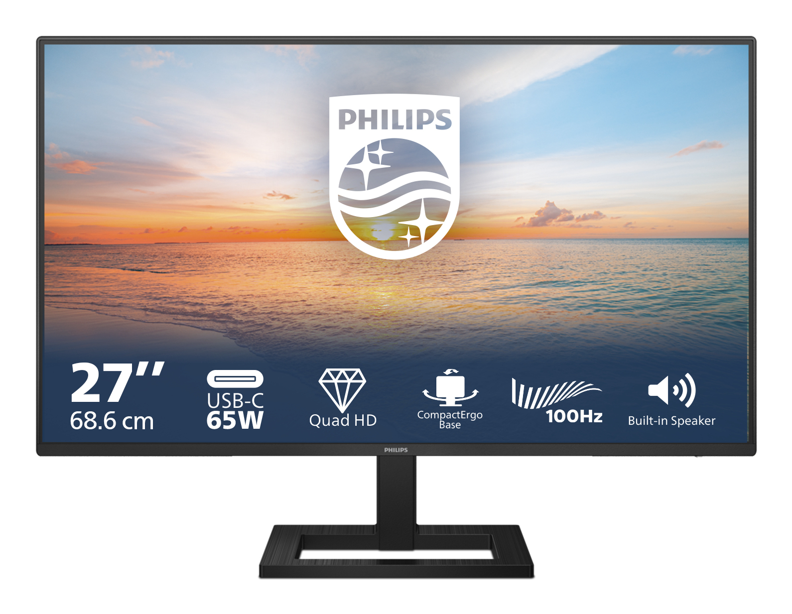 Monitor Philips da 27 pollici con scena di spiaggia, loghi e info in basso.