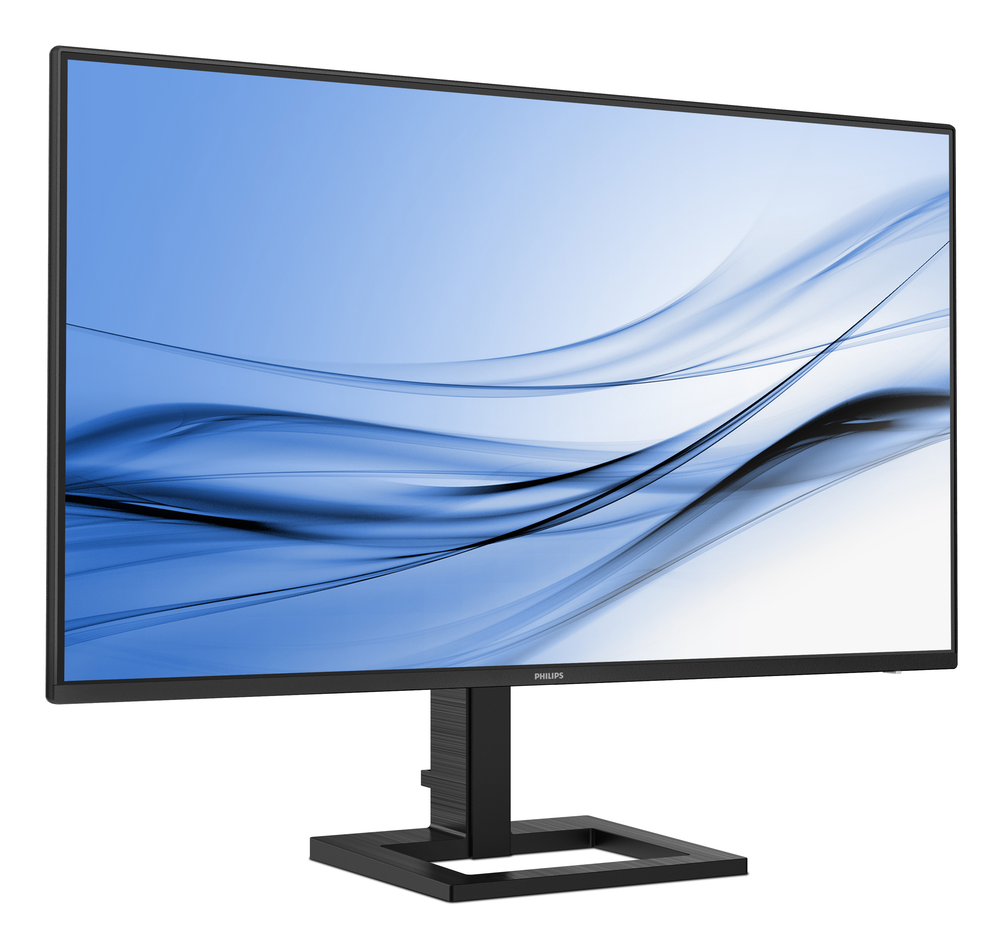 Un monitor Philips con sfondo blu. Il monitor ha un supporto e una cornice neri.