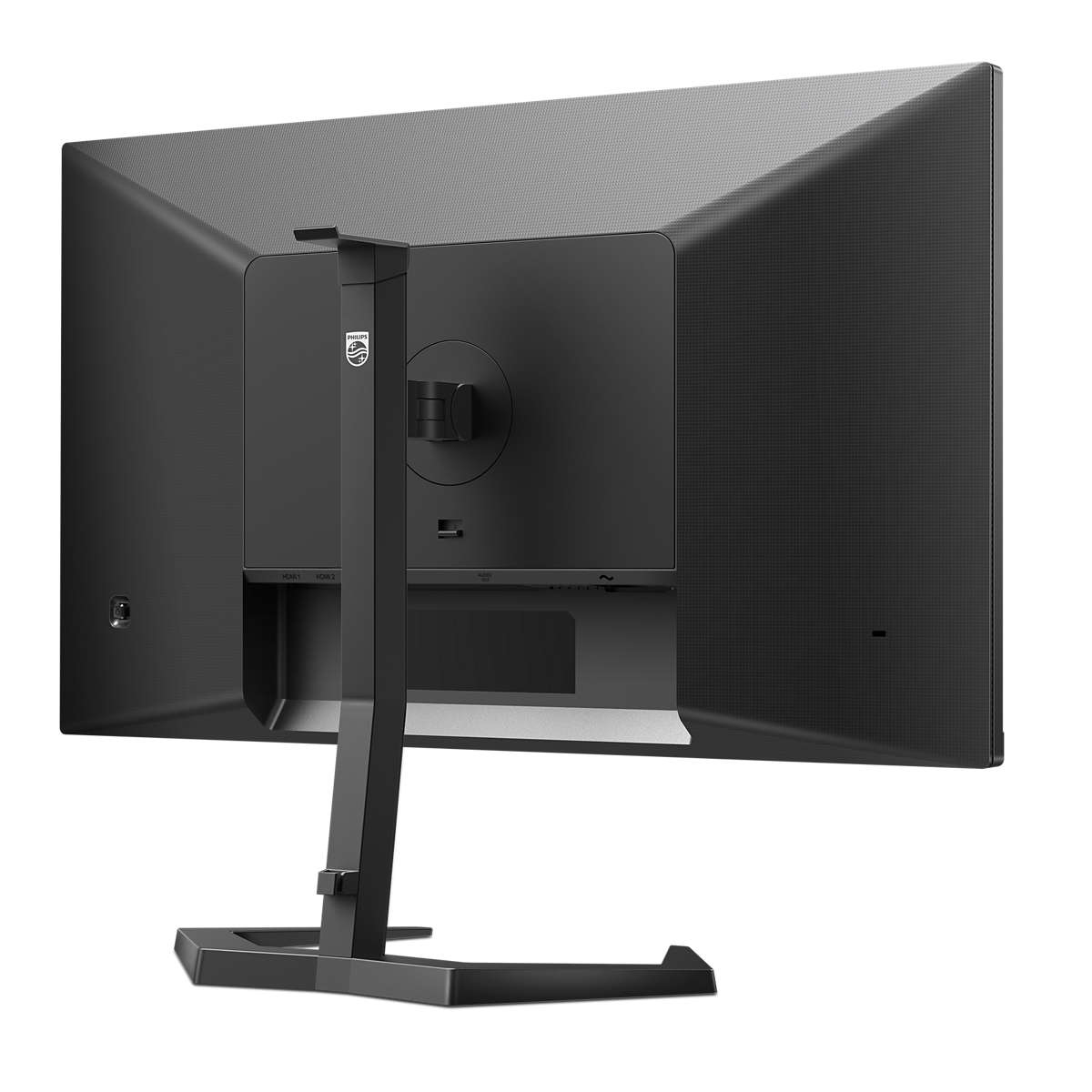 Rückseite eines schwarzen Computermonitors. Ständer befestigt.