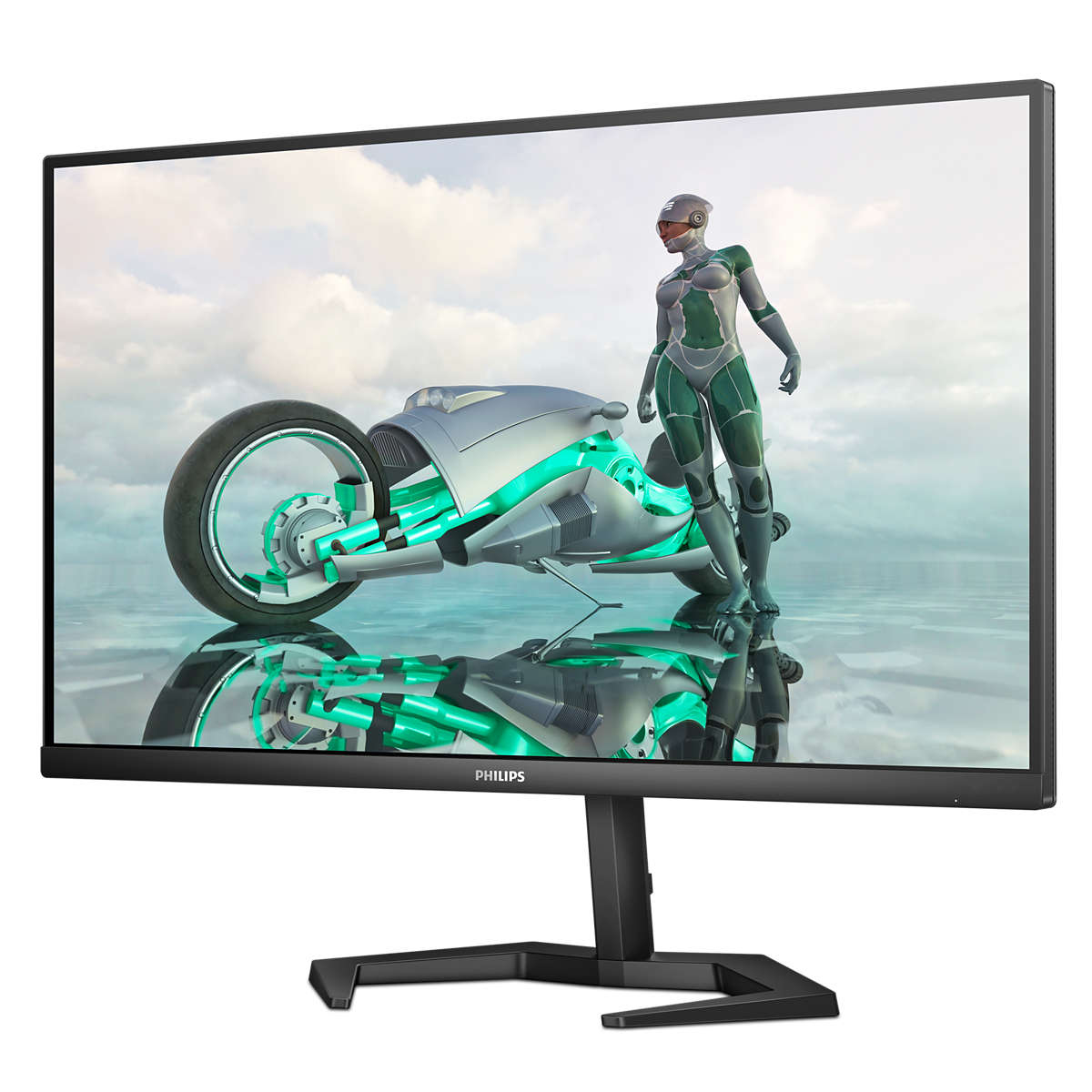 Ein Philips-Monitor zeigt ein futuristisches Bild einer Frau und eines Fahrzeugs vor Wolkenhintergrund.