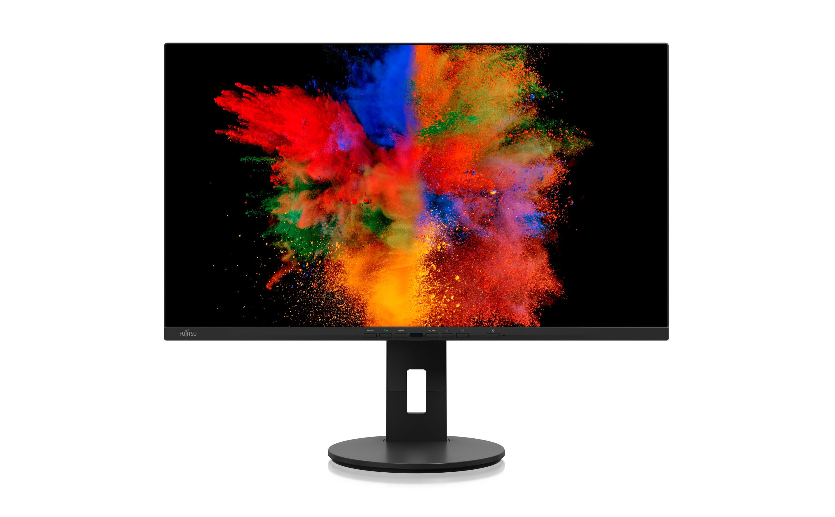 Schwarzer Computermonitor mit farbenfroher Explosion auf schwarzem Hintergrund.